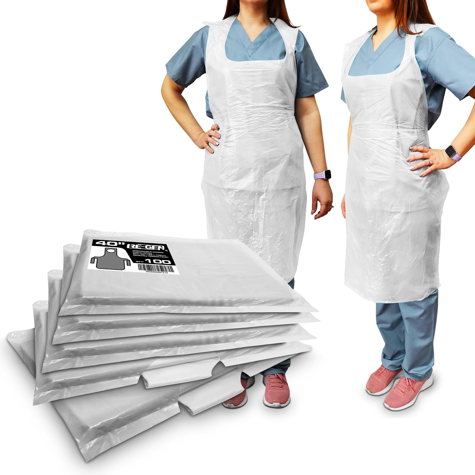 Re-Gen White Disposable Polythene Cat 1 Aprons 500Pc, 5 Flat Packs | 69X105cm Long Length 40" | Premium Quality, Kitchen, Catering, Medical Healthcare, Workplace Cleaning Ppe | One Size