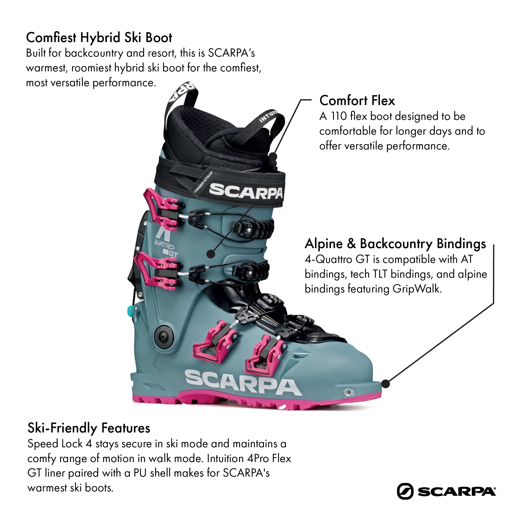 SCARPA 4-Quattro GT 90 Flex Freeride Alpinismo Hybrid Scarponi da sci con GripWalk per sci alpinistico e downhill
