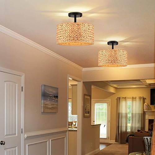 Miniatura 2 de Lámpara de techo semiempotrada de ratán bohemio, lámpara de 3 luces, candelabro rústico con pantalla de mimbre tejido, ideal para cocina, comedor,