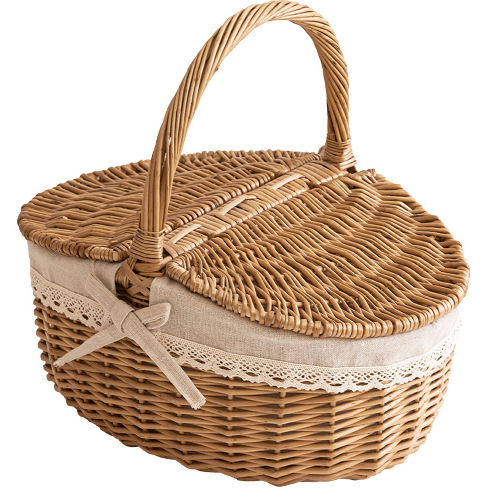 Genérico Cesta de Mimbre para Picnic con Tapa y Asas, Cesta de Mimbre Hecha a Mano con Forro, Pequeñas cestas de Mimbre para Picnic,Exterior,Camping(S)