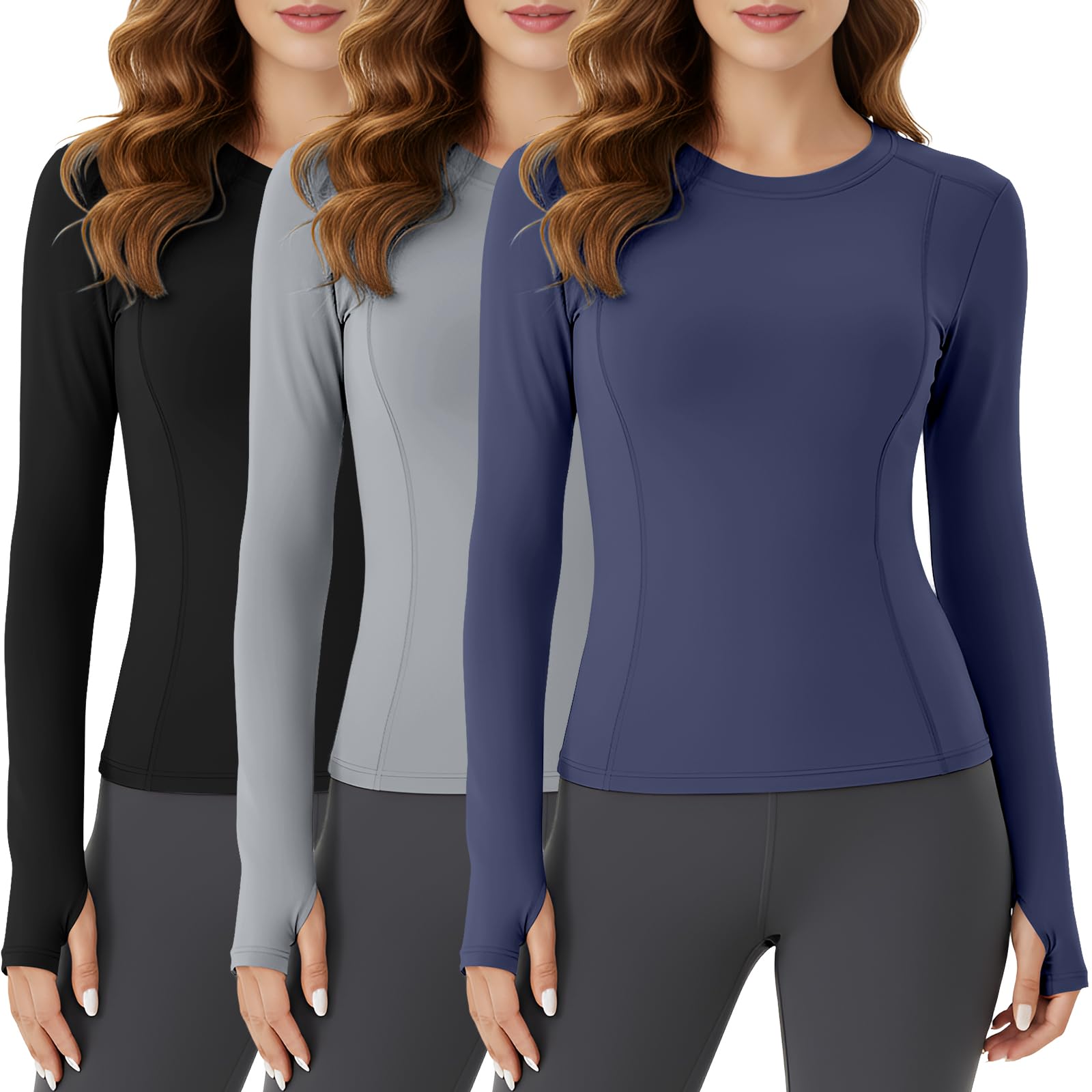 3 Pack Women Workout Tops Compression Long Sleeve Shirts Athletic Quick Dry Shirts Gym Yoga Basic-image-5