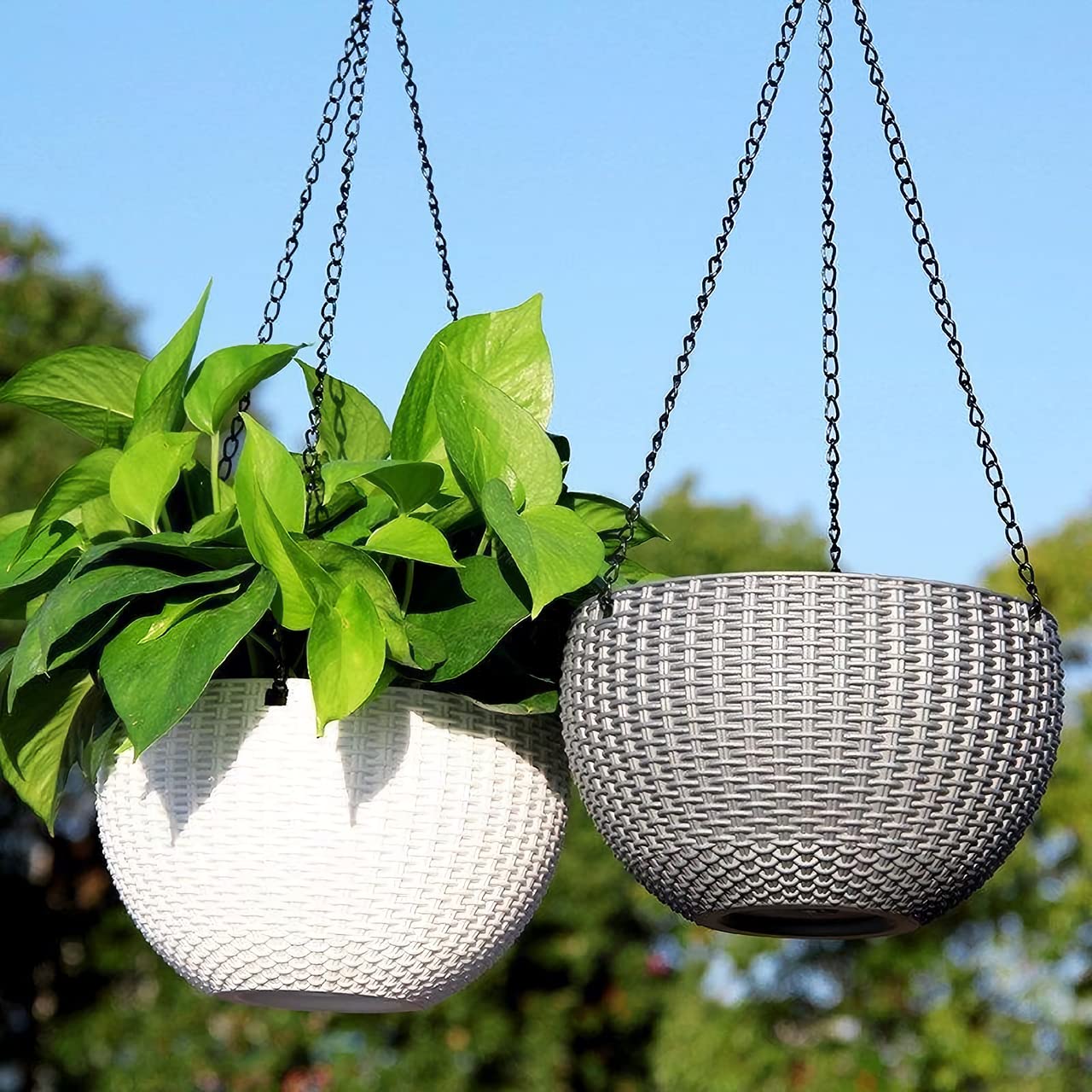 2 Stück Blumenampel Außen, Ø 35cm Selbstbewässerung Blumentopf Hängend, Hängeampel Outdoor Kunststoff, Hängeblumentöpfe mit Rostfrei Ketten, Hängeampeln für Draußen Innen Decken Pflanzen