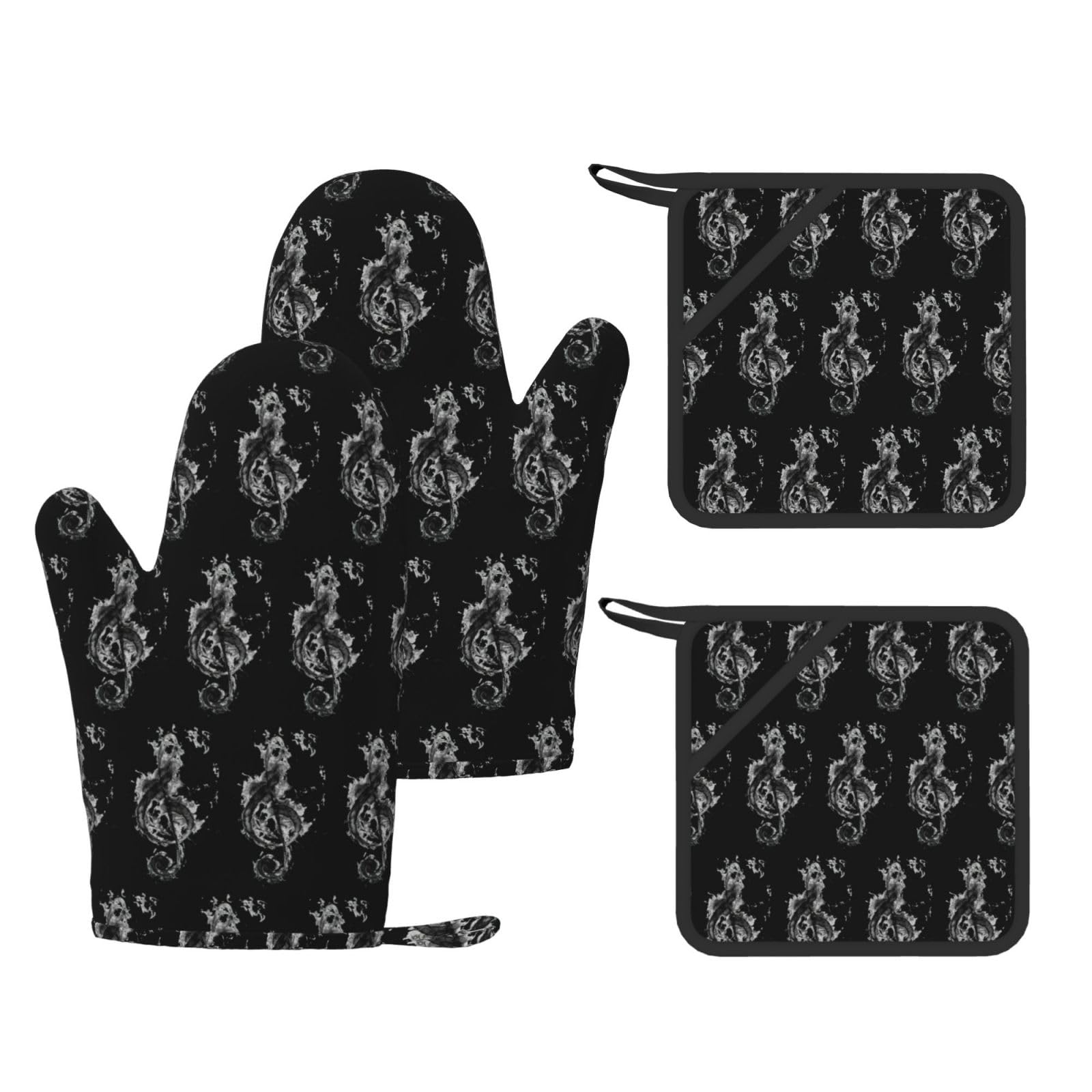 Black Smoke Music Printed Potholder and Oven Mitt Set of 4, High Heat Resistant Cooking Gloves for BBQ Grilling