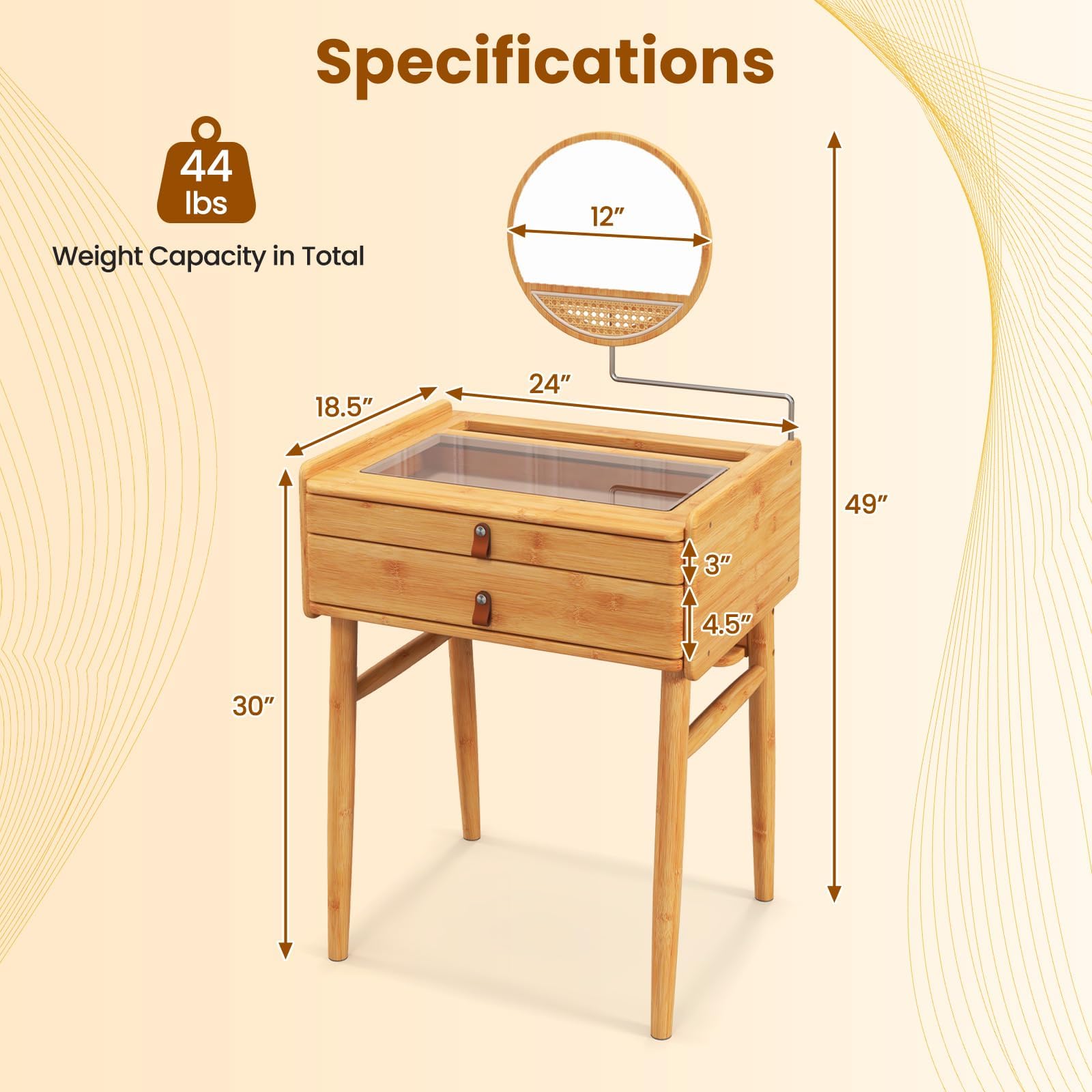 Generic Byroce Boho Vanity Desk, Makeup Vanity Table Set w/Mirror, Modern Vintage Dressing Table w/ 2 Drawers & Jewellery Display Tabletop, Rattan & Bamboo Style (Table & Stool Set), Natural
