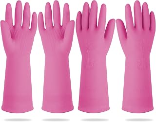 Mamison 2 Pairs Reusable Waterproof Household Dishwashing Cleaning Rubber Gloves, Non-Slip Kitchen Glove (Pink, Small (Pack of 2))
