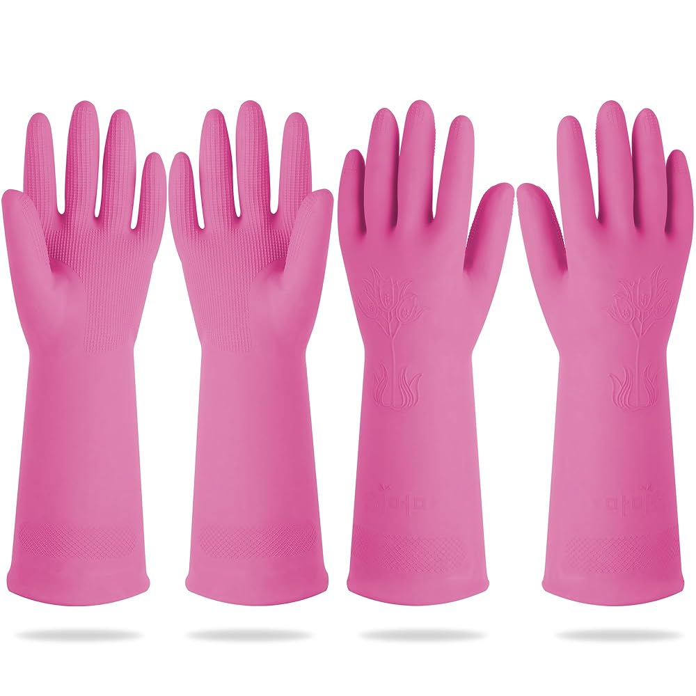 DABOGOSA Mamison 2 Pairs Reusable Waterproof Household Dishwashing Cleaning Rubber Gloves, Non-Slip Kitchen Glove (Pink, Small (Pack of 2))