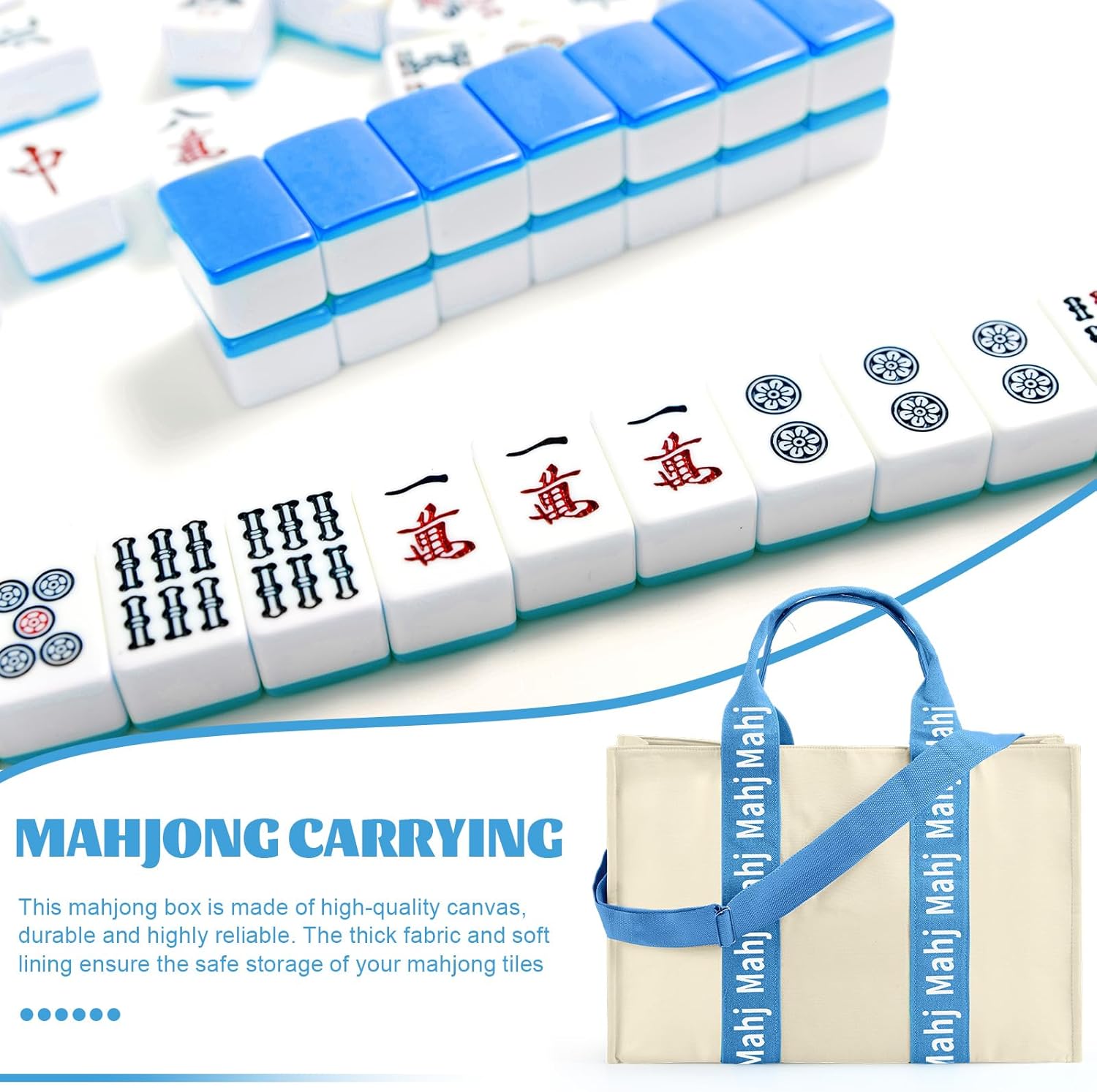 Empty Mahjong Bag for Tiles 22x15x6 Inches Thickened Canvas Mahjong Carrying Tote Bag with Lining and Thicker Handle for Enthusiasts Women or Men Party Supplies, Case Only(White and Light Blue)
