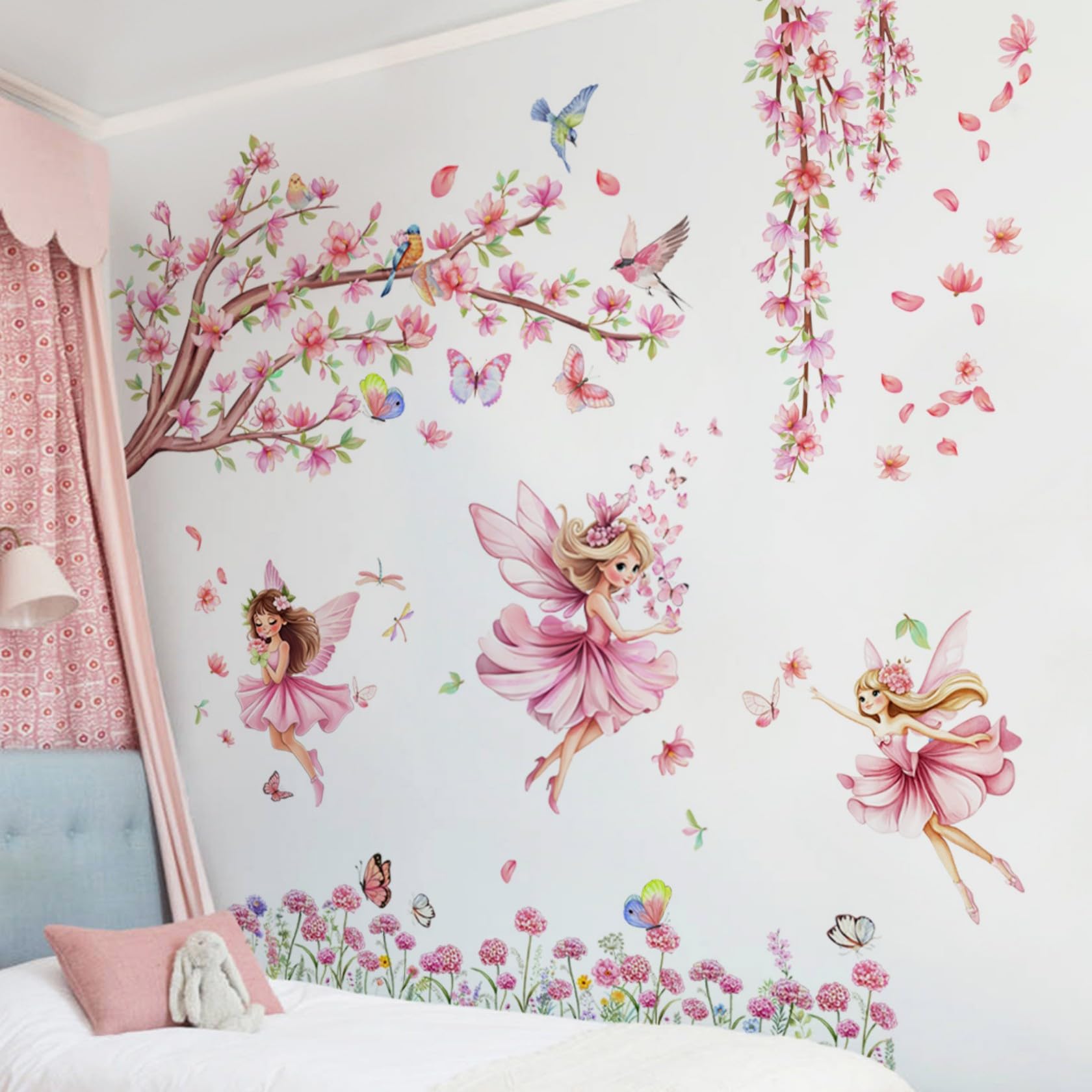 Large Pink Flower Tree Branch Wall Decals, Floral Birds Butterflies Elves Wall Stickers, Living Room Bedroom Tv Background Wall Decor