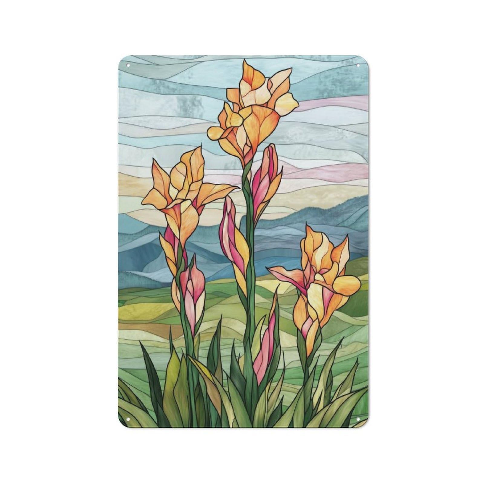 Junmoney Style-6 Stained Glass Flowers Rustic Metal Plaque 30X20cm For Living Room Or Hallway, For Garage, Workshop And Man Cave Decoration