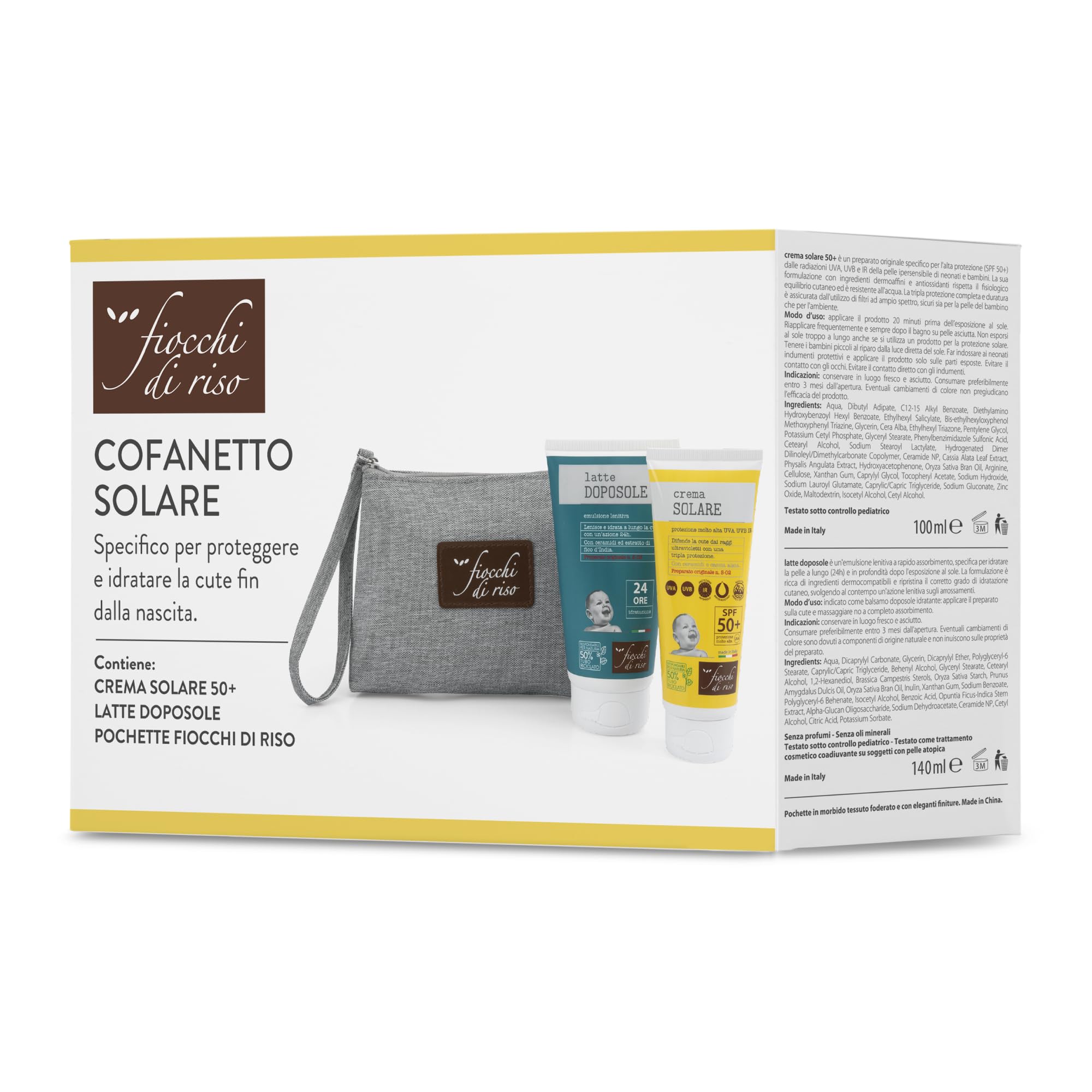 Fiocchi di Riso - COFANETTO SOLARE - Kit specifico per proteggere dal sole e idratare la cute fin dalla nascita, con pochette. - IDEE REGALO