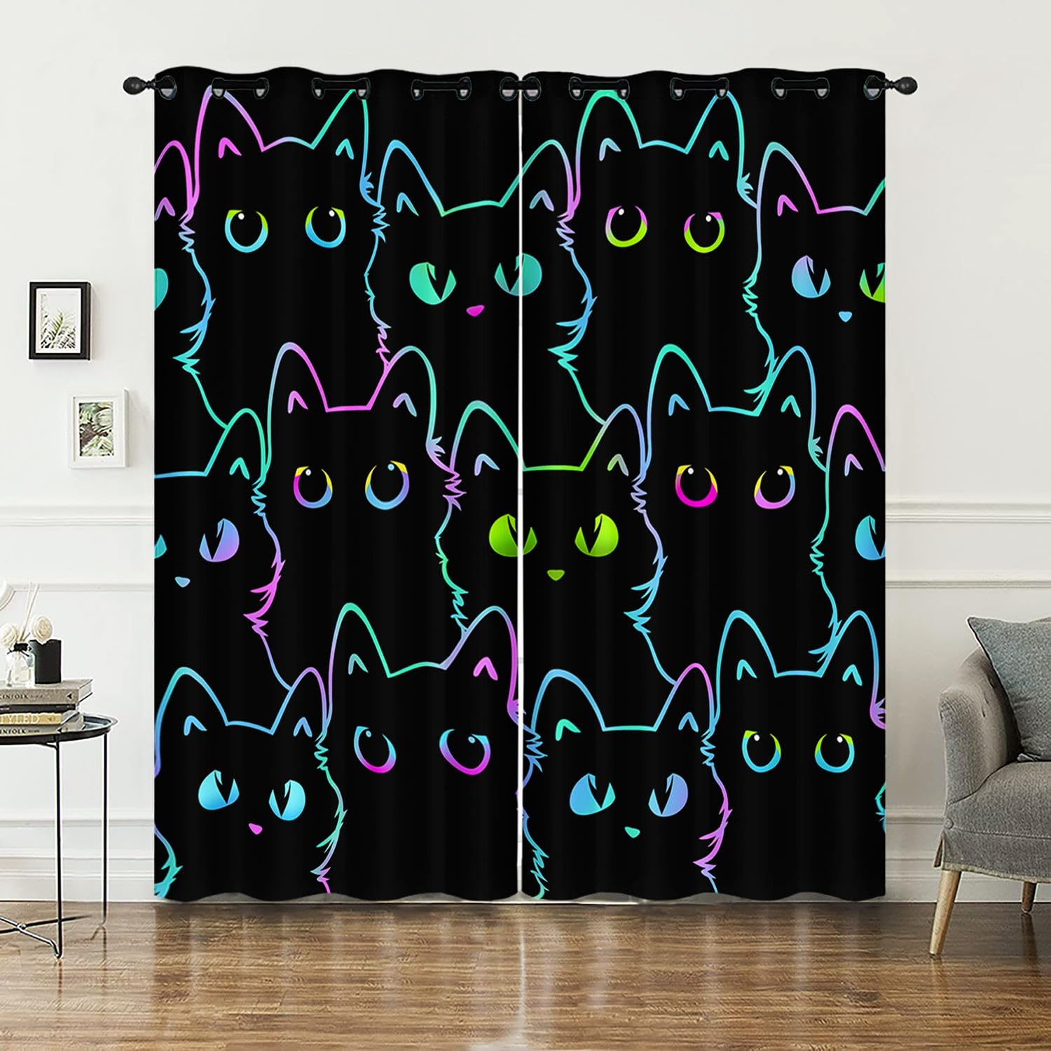 HOSIMA Curtains Eyelet for Boys and Girls Soft Breathable Black Cat Print Curtains 2-piece Set Suitable for Bedroom Living Room Decoration (Black Cat