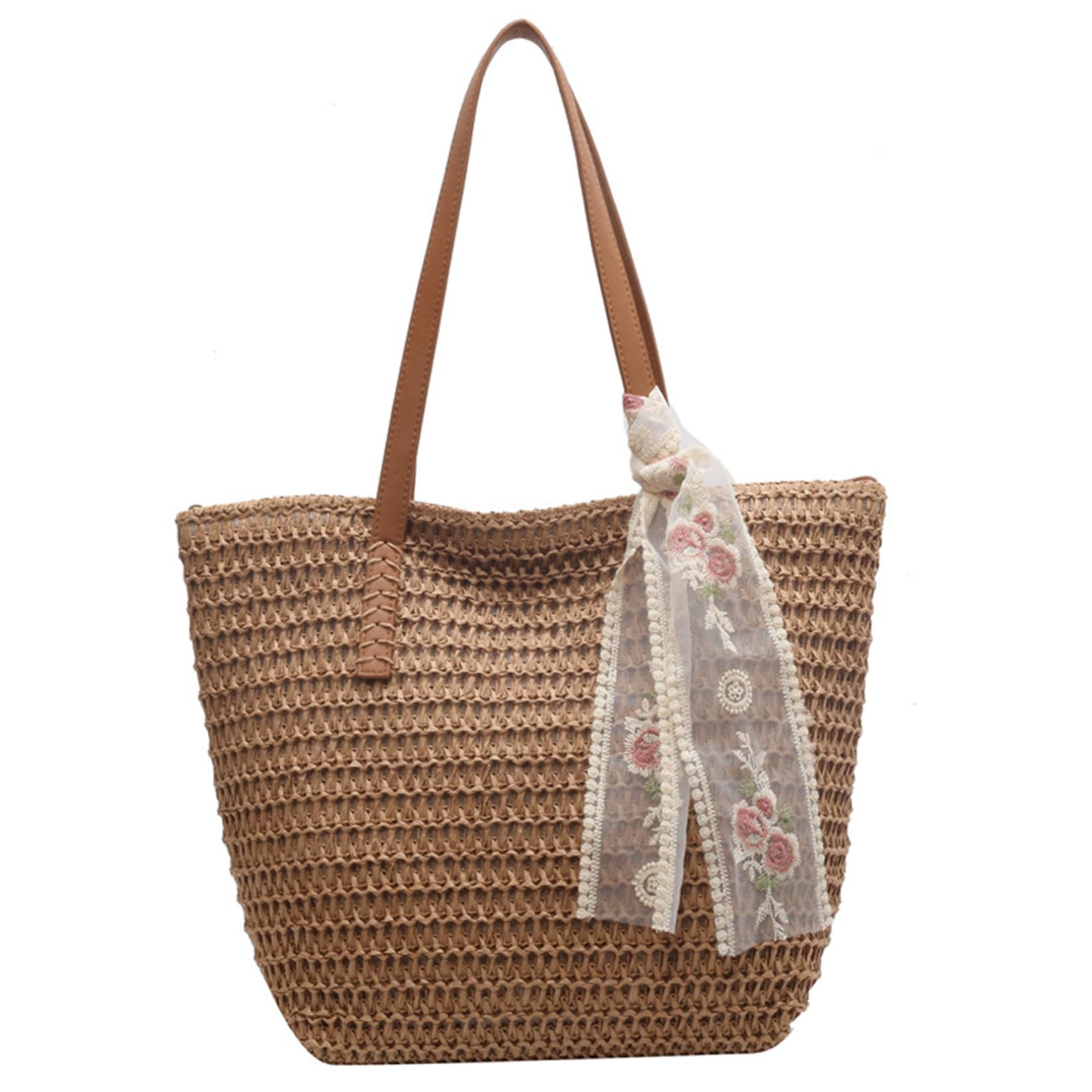 CNAFGBGG Woven Beach Bag Large Capacity Straw Tote Bag Smooth Zipper Closure Straw Beach with Ribbon Adorn Bags for Women Summer Travel Shopping Khaki..