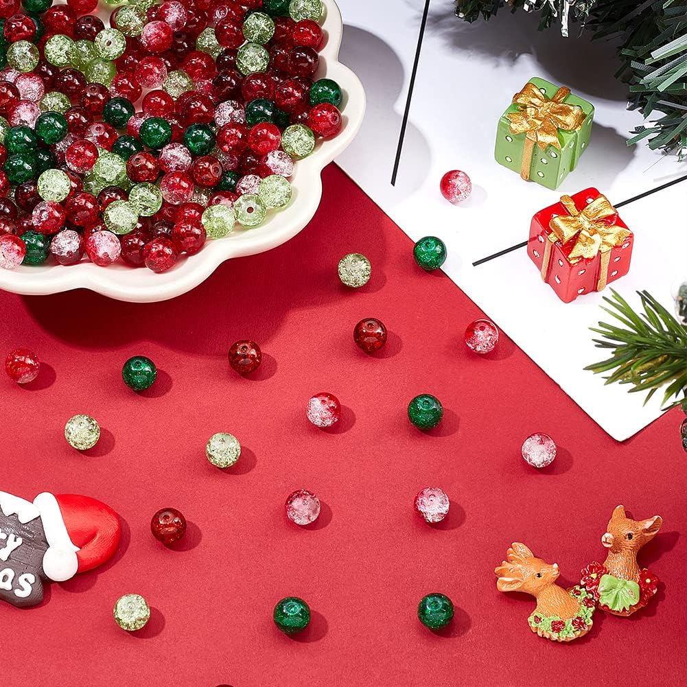 PH PandaHall 200pcs 8mm Christmas Glass Beads 5 Colors Red Green Crackle Beads Baking Painted Bead Round Loose Bead for Bracelet Necklace Earrings Jewelry Making - Image 5