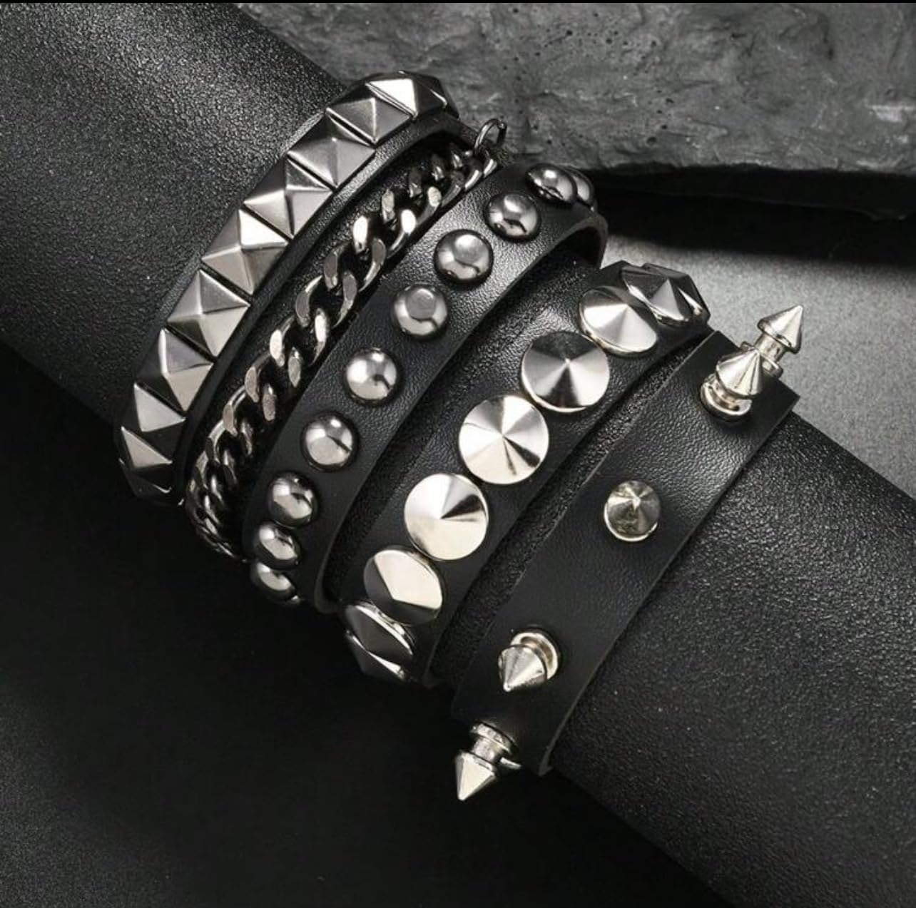 3-Piece Punk Rock Studded Bracelets, Black Spiked Leather Cuff for Men & Women, Adjustable Goth Wristband 80s Retro Halloween Accessories