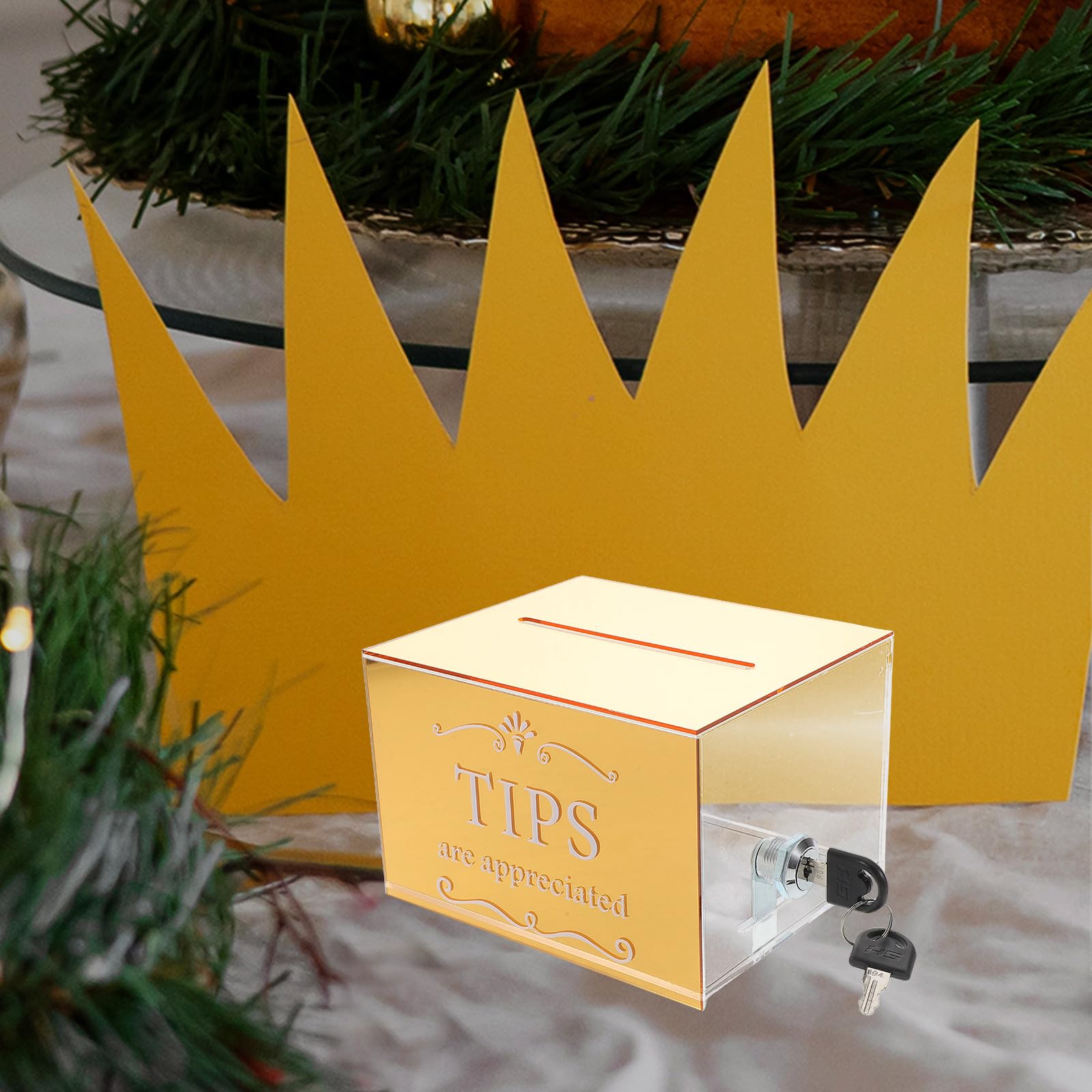 Housoutil Caja de Donaciones Diseño Versátil y Resistente con Cerradura de Acrílico Dorado Buzón Seguro para Propinas para Restaurantes y Eventos