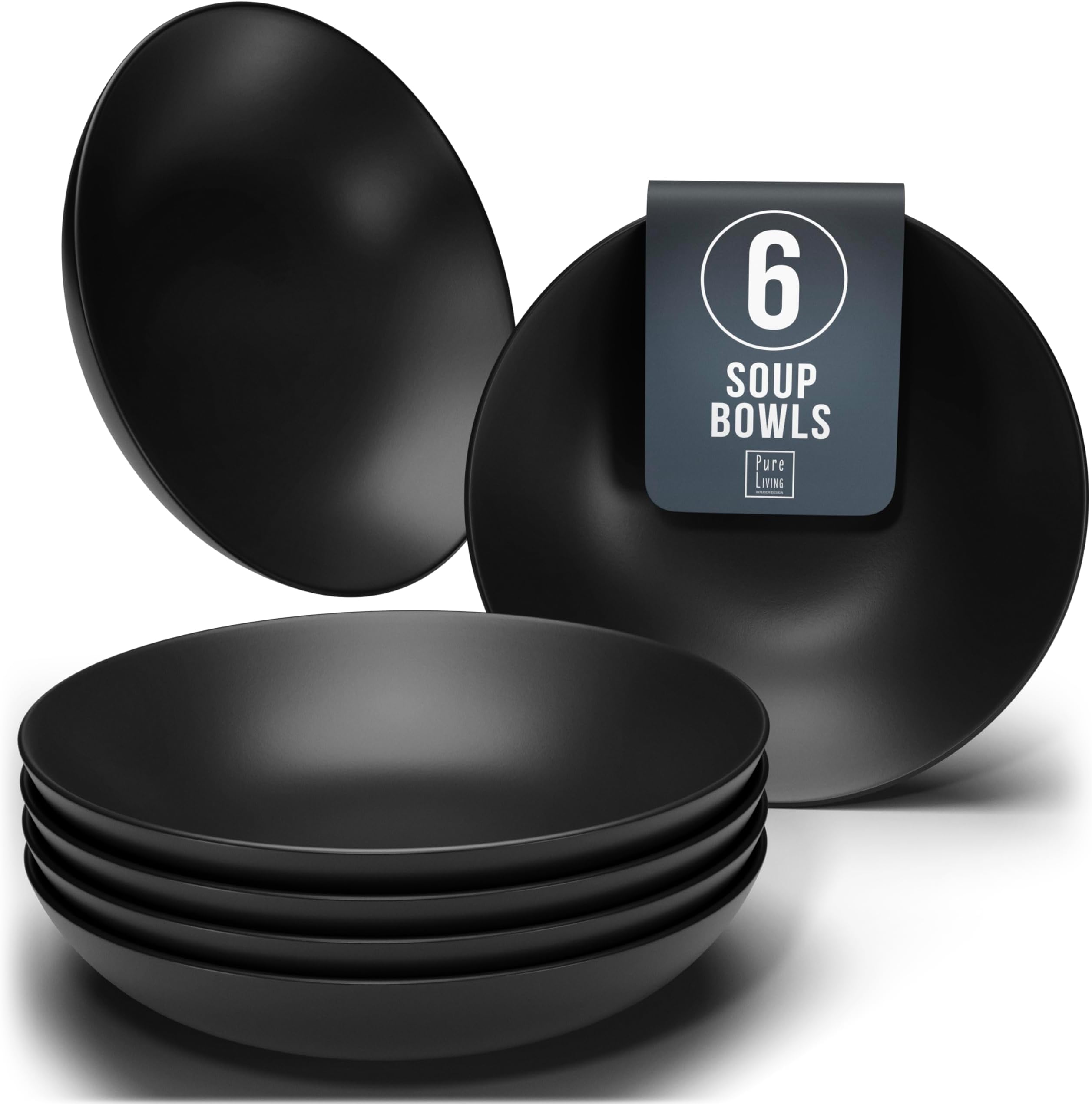 Manhattan Urban Black Line - 6-Piece Matte Black Soup Plate Set - Premium Stoneware, Dishwasher and Microwave Safe - Stylish Deep Plate Set, Perfect for Pasta and Soup - Pure Living Dinner Set for 6