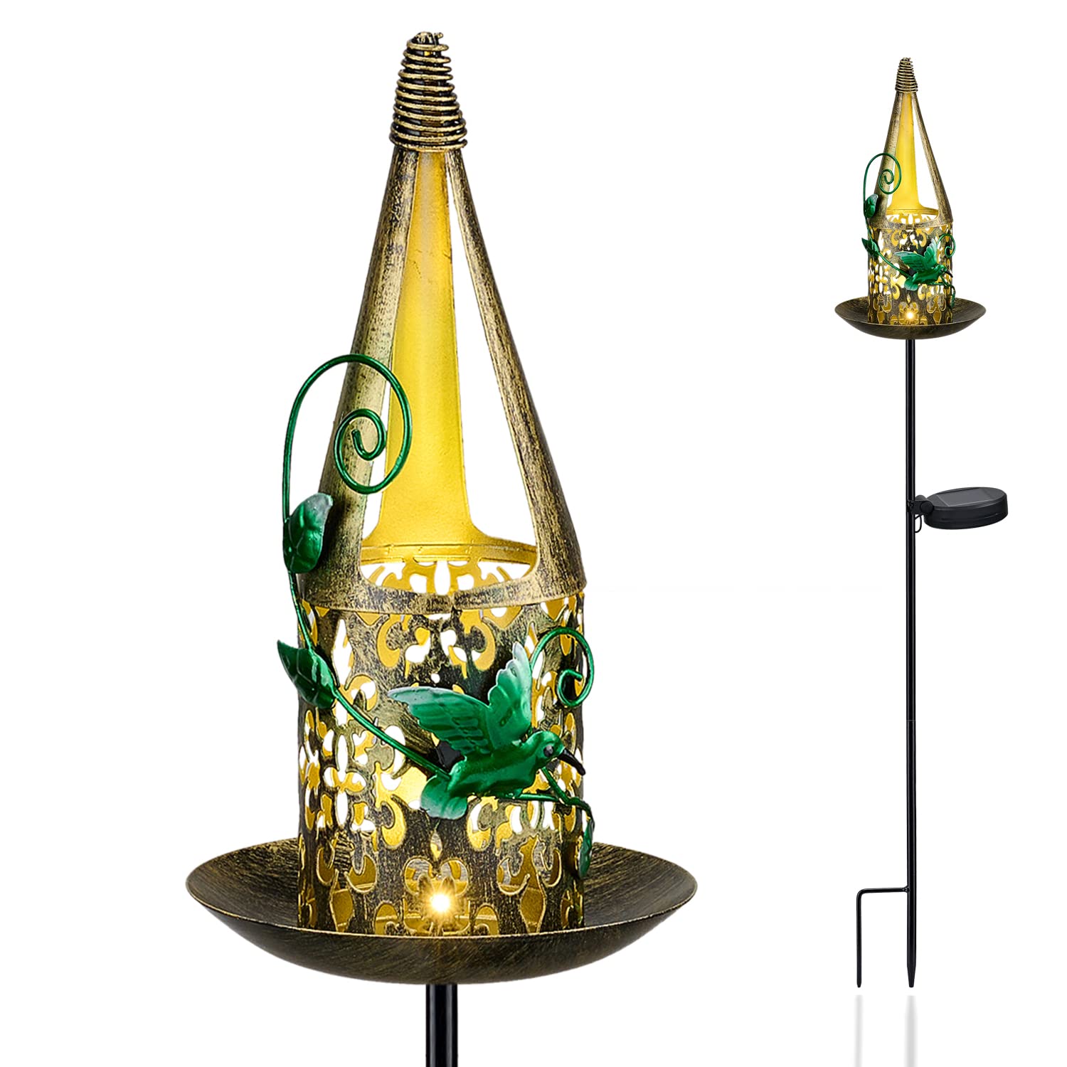 Fawgold Garden Solar Lights Pathway Outdoor Stake Metal Lights with Hummingbird Decoration Waterproof Warm White LED for Lawn,Patio or Courtyard (Bronze)
