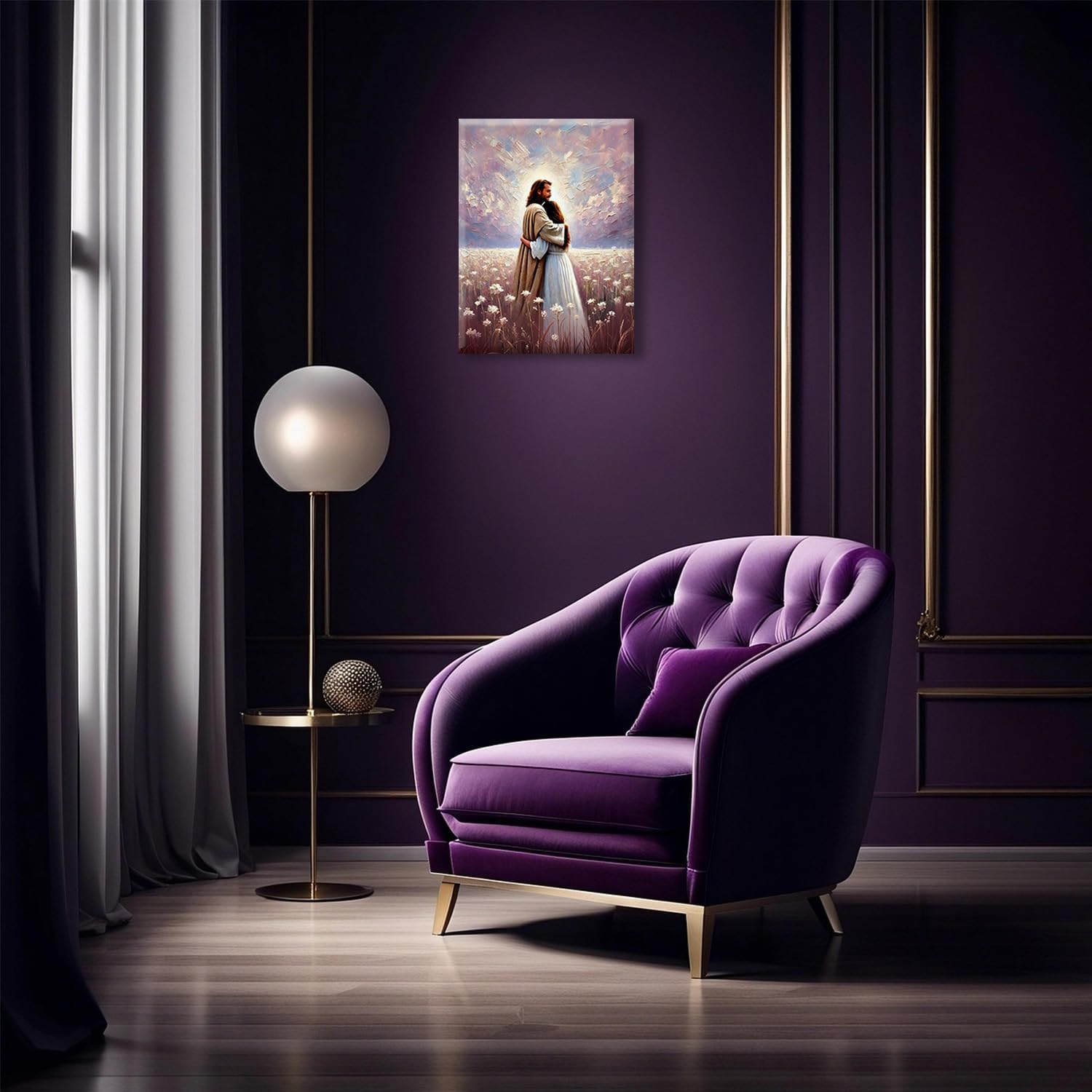 BingruiArt Jesus Hugging Girl Wall Art Jesus Embracing Woman Canvas Purple Painting Christian Decor Love of Christ Picture God Print Poster for Prayer Room Home Office Church 12x16in Framed - Image 2