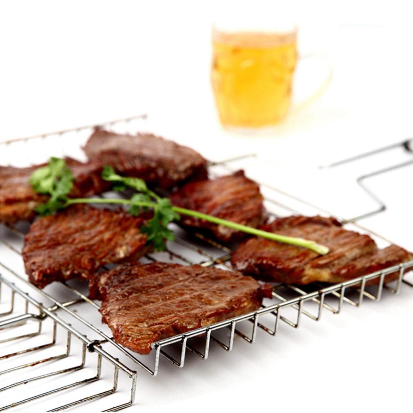 Panier Grille pour Barbecue, Grille de Barbecue Portable avec Poignée Amovible en Bois, Accessoires de Barbecue Grille Panier pour Poisson Rôti, Crevettes, Légumes, 32 x 22 x 3.5 cm