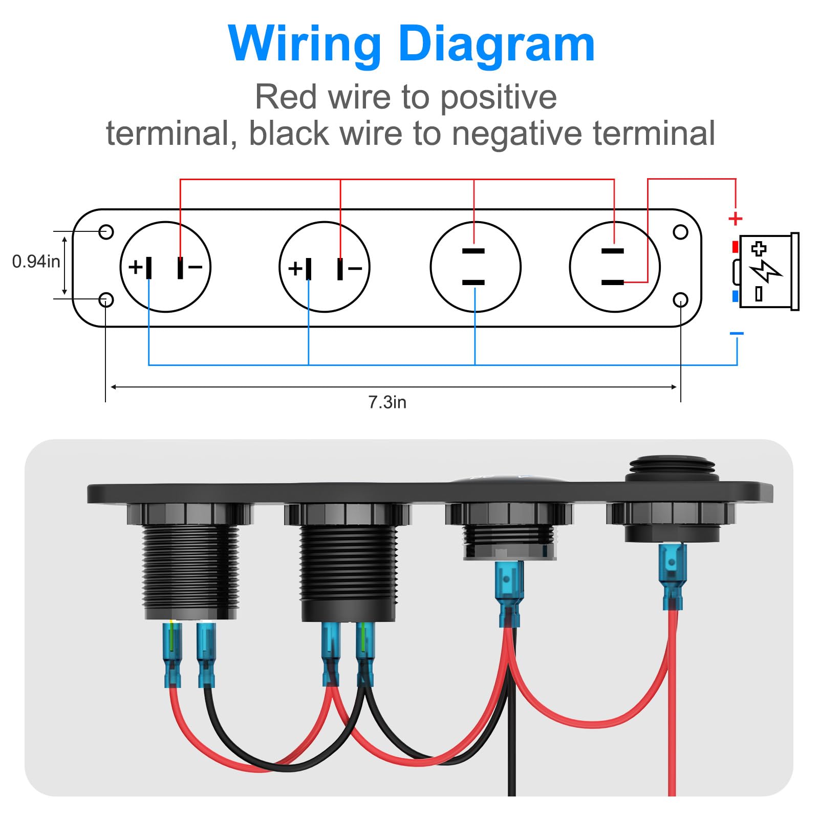 4 w 1 gniazdo USB 12 V Panel przełączników morskich PD3.0 QC3.0 Aluminiowa ładowarka 150 W niebieski woltomierz LED