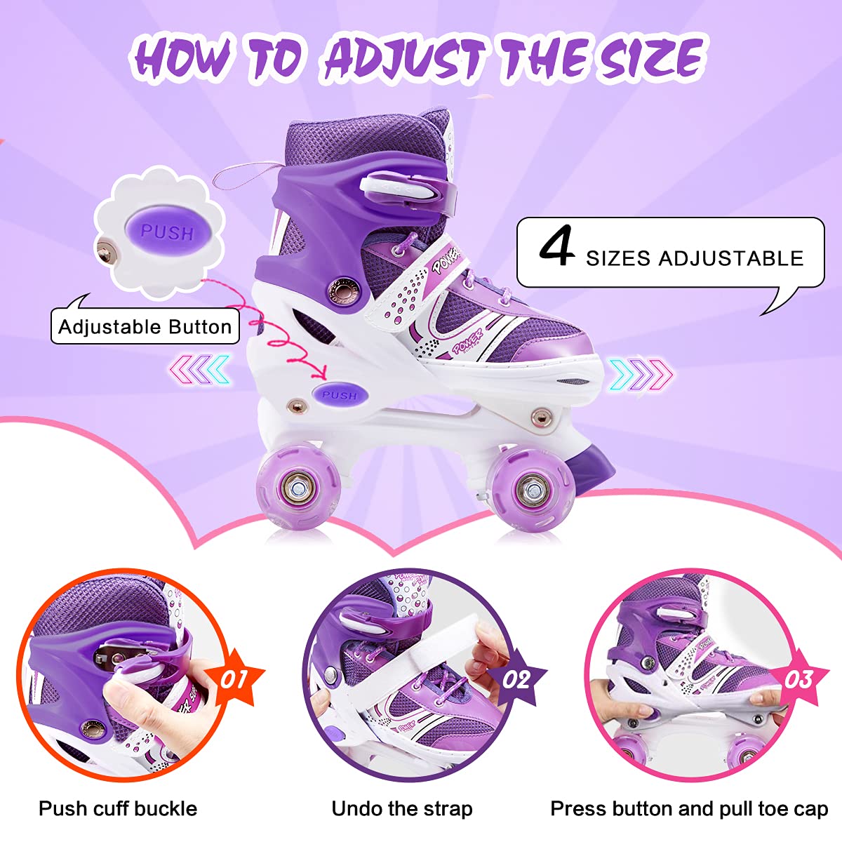 Kids Roller Skates, 4 Sizes Adjustable Beginners Boys Girls Roller Skates with Light up Wheels, High Standard Comfortable & Breathable Sports Indoor Outdoor Roller Skate Shoes (Purple-M)