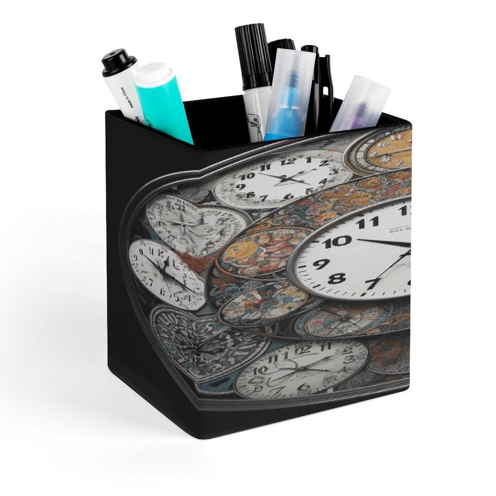 LZQPOEAS Clock Art Square Pen Pencil Holder PU Leather Pencil Cup Desktop Stationery Organizer Office Accessories Container