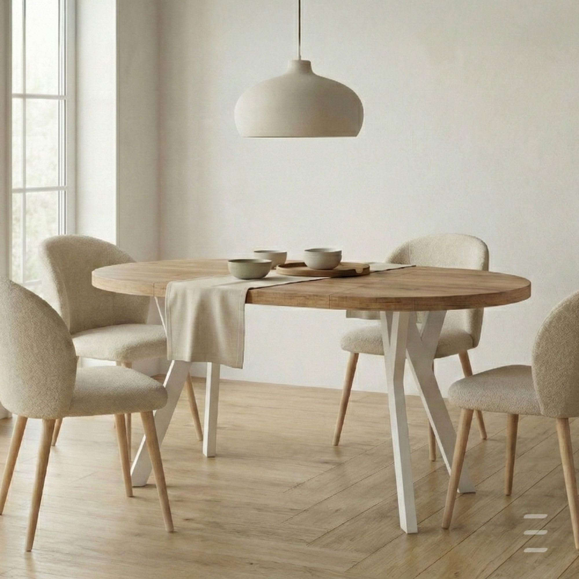 Runder Ausziehbarer Tisch für Esszimmer mit Holzbeinen, Pero, Loft-Stil, Skandinavische, Durchmesser Varianten: von 90 bis 220 cm (Eiche Artisan/Weiß, 90/140 cm)