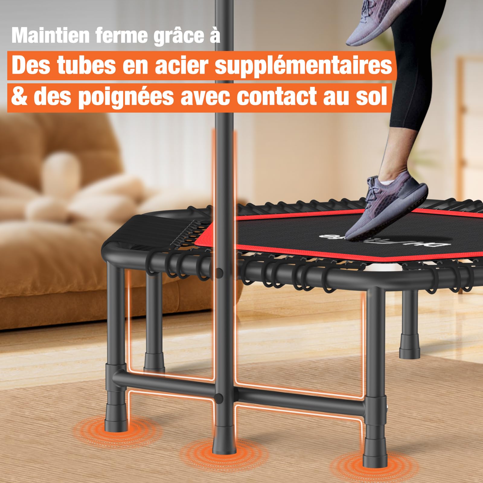 DH FitLife Trampoline Fitness Indoor | Ø114cm 45 Pouces Mini Trampoline | Capacité 150 KG | avec 3 Niveaux de poignée réglables | Stable et Silencieux