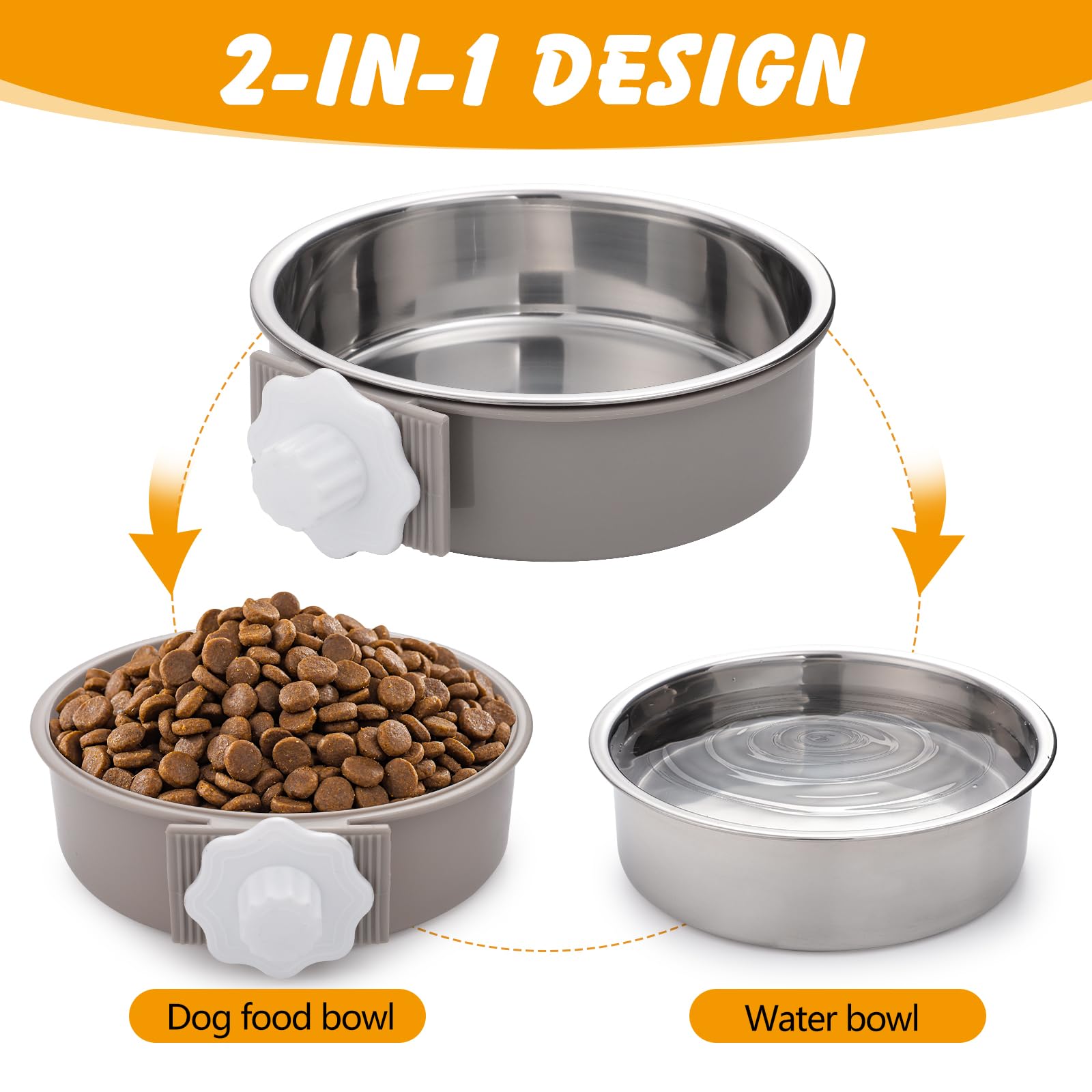 2 Pcs 2-in-1 Pet Crate Bowls, 15cm/6In 750ml Hanging Cage Dog Bowl Removable Cage Water Bowls for Dog Cat - Image 3
