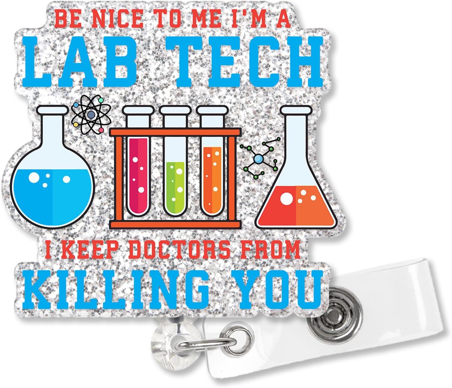 XQLZYBe Nice to Me I'm a Lab Tech Silver Glitter Cute Badge Retractable with Alligator Clip, Funny Lab Tools ID Card Badge Holder Gifts for Scientist Doctor Nurse Lab Technicians Student