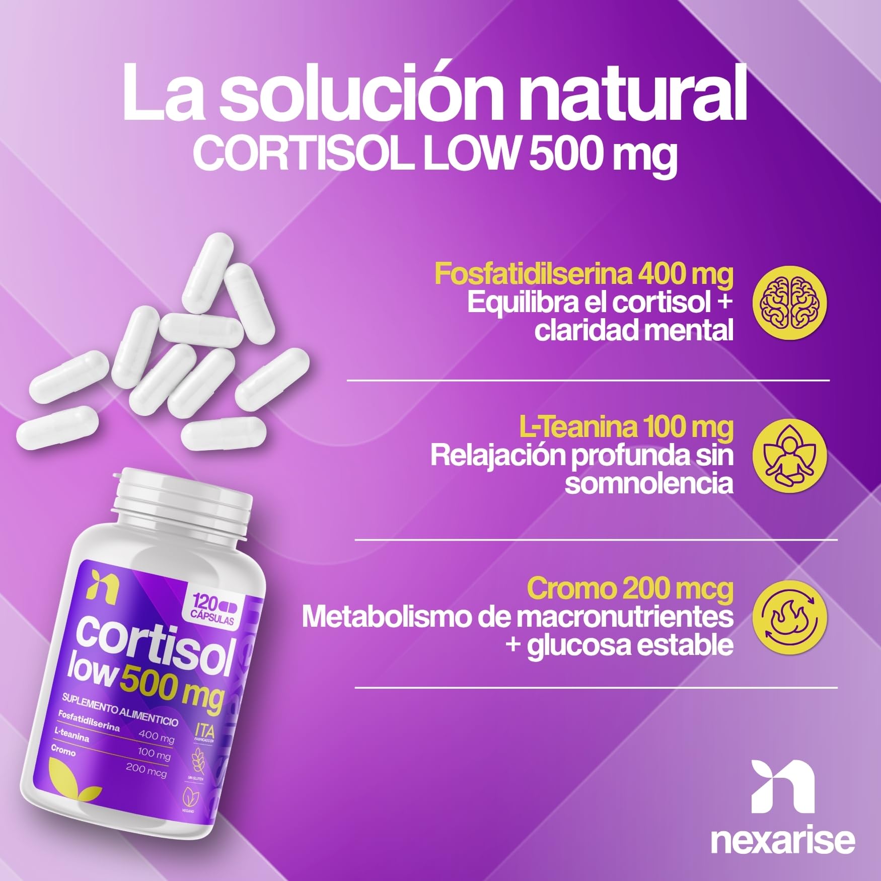 Cortisol Low 500mg | 120 Cápsulas con Fosfatidilserina 400mg, L-Teanina 100mg y Cromo Picolinato | Complemento para el Cortisol y Bienestar Mental | 4 Meses | Fabricado en Italia