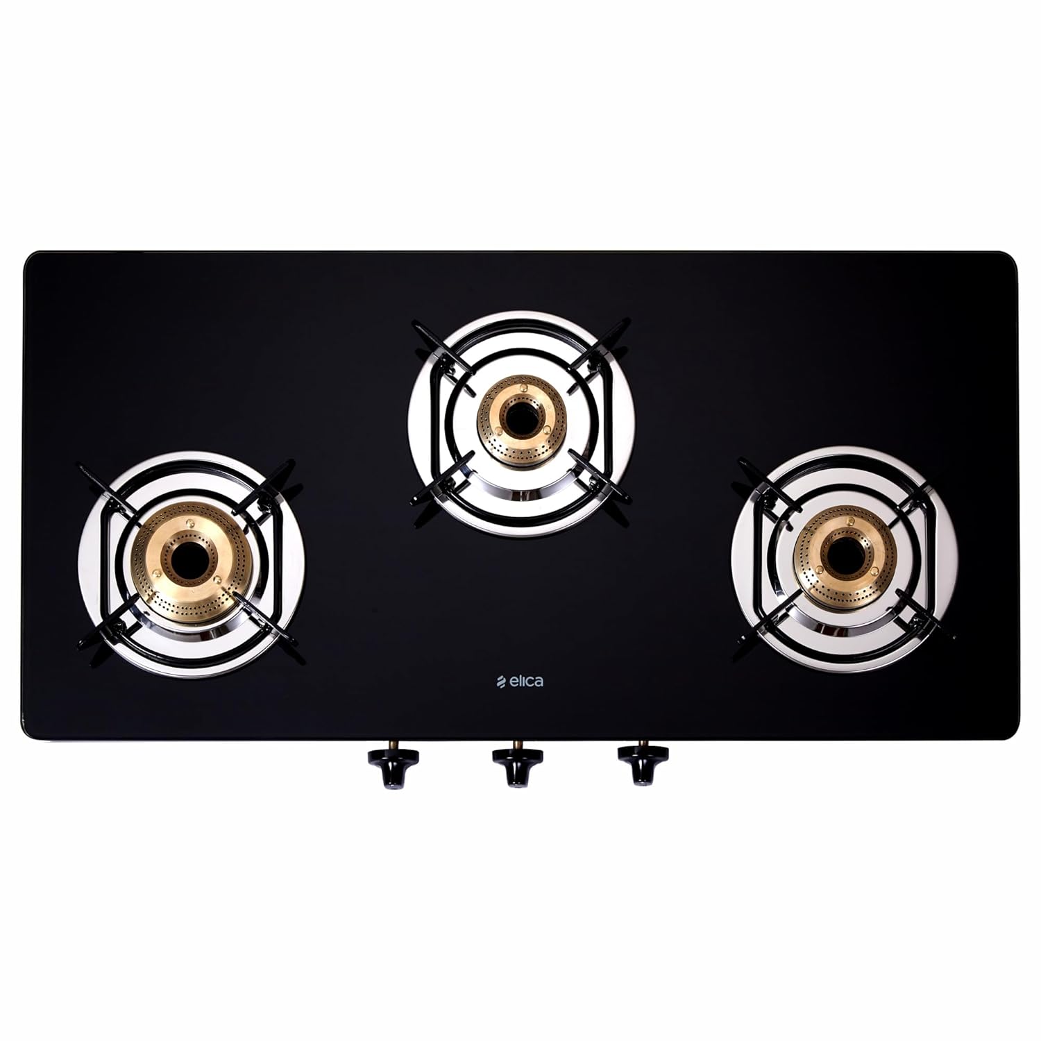 Elica 773 CT DT VETRO 3 Burner Gas Stove | Toughened Black Glass Top, Jumbo Brass Burners, Double Drip Trays | Manual LPG Stove with Euro Pan Supports