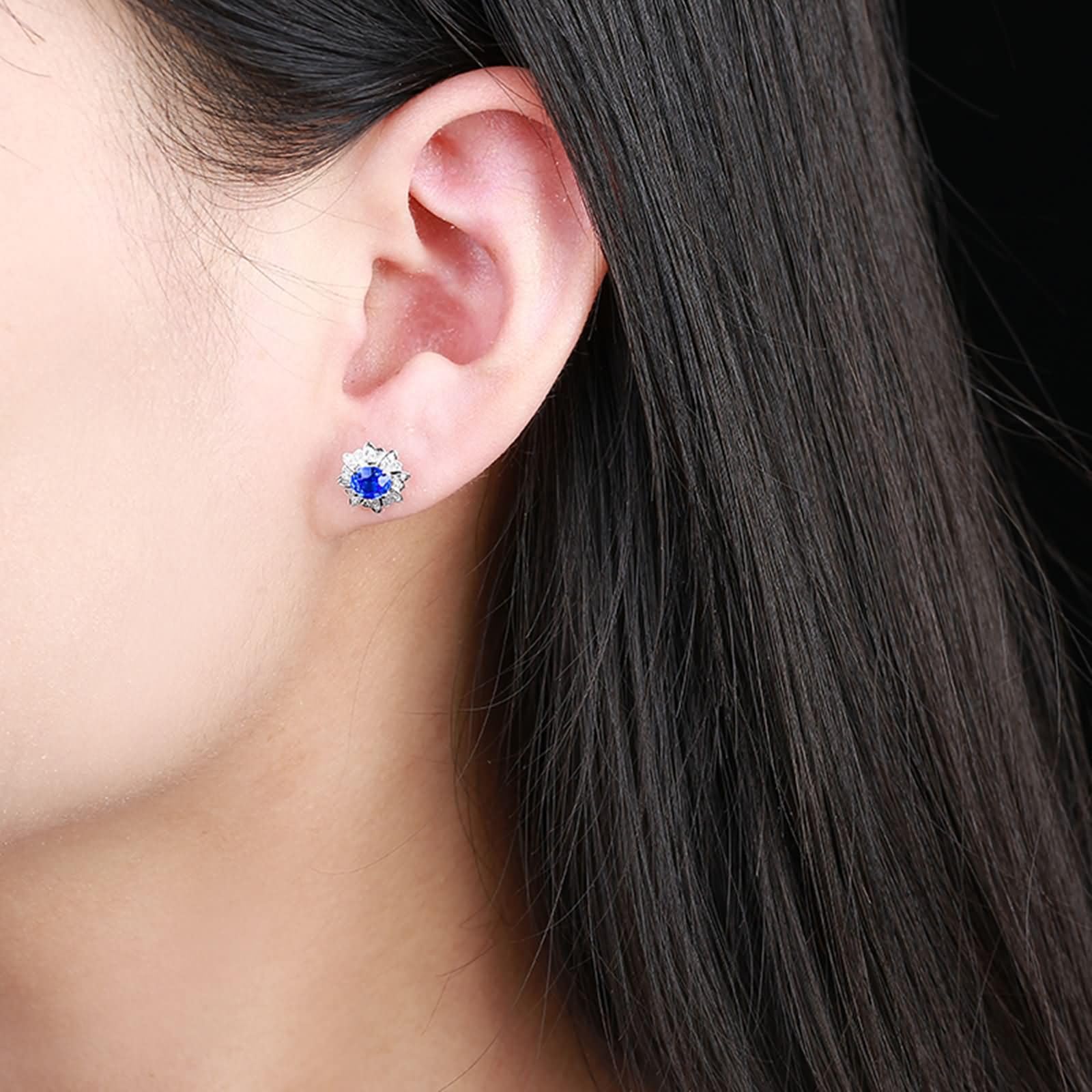 9K / 14K / 18 K Weißgold Ohrringe für Damen, Blume und Oval mit Erstellter Saphir 1,06 Karat und Moissanit, Damen Ohrringe Ohrstecker Blau Silber