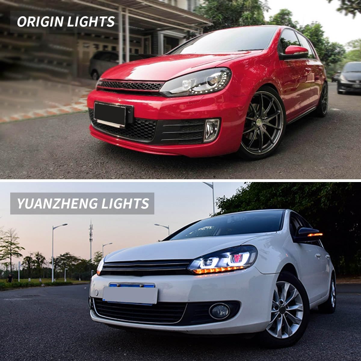 VLAND Projector LED Headlights Assembly for Golf 6 2010 2011 2012 2013 2014, with Sequential Turn Signal, Dual Beam Lens, Red Demon Eyes