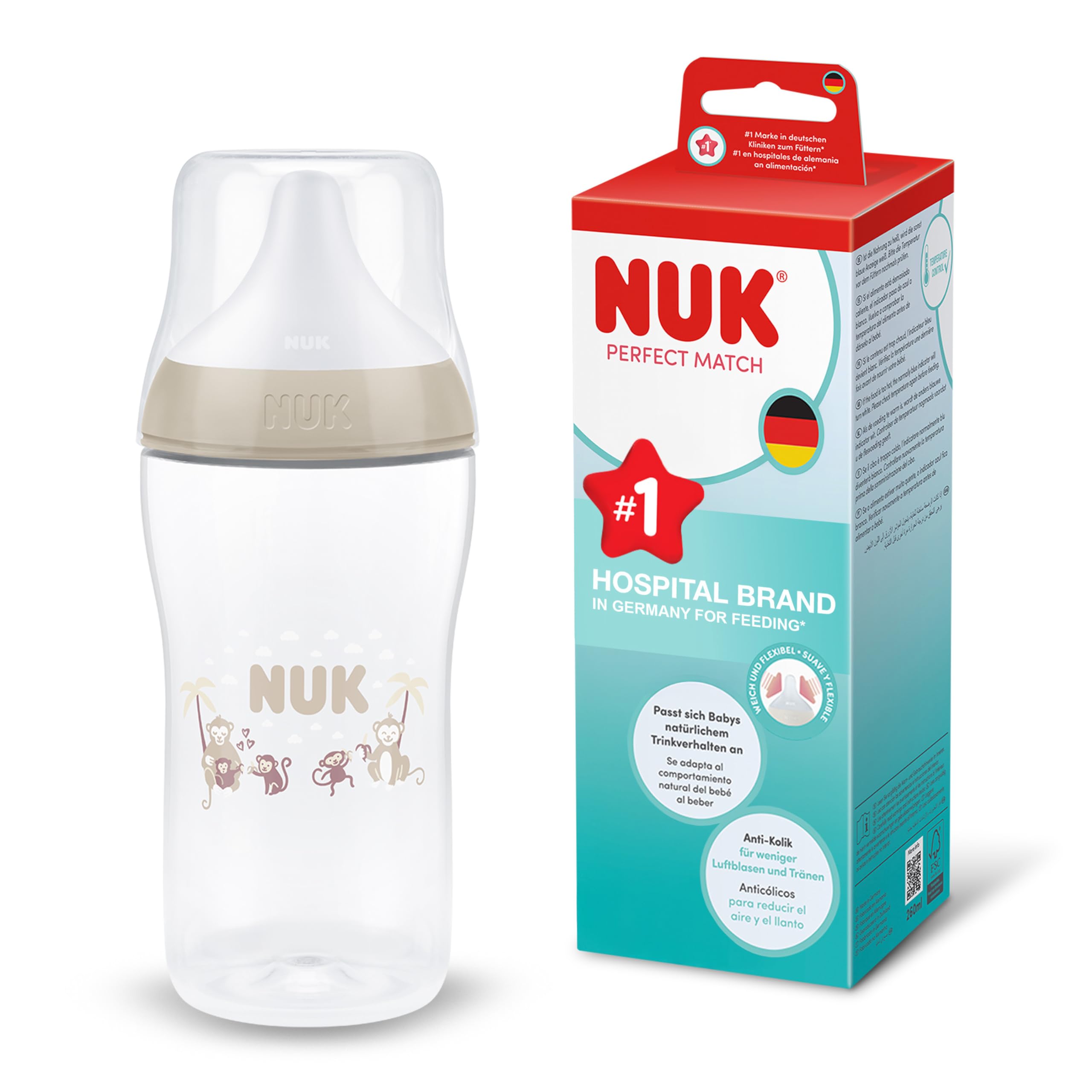 NUK Perfect Match Baby Bottle | 3+ Months | 260ml | Anti Colic Feeding Bottle | PP | Temperature Control Indicator | Monkey | 1 Count