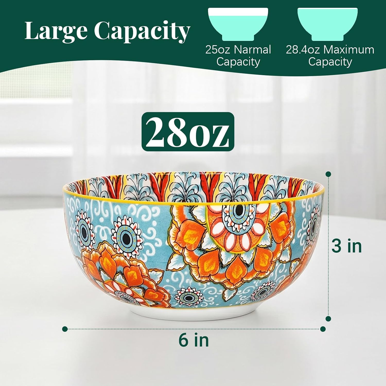 Ceramic Soup Bowls Set of 6, 28oz Colorful Bohemian Cereal Bowls image 3