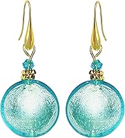 Handmade Murano Glass Drop Earrings for Women - Teal Aqua Large Beads, 18k Gold Plated Dangle Jewelry