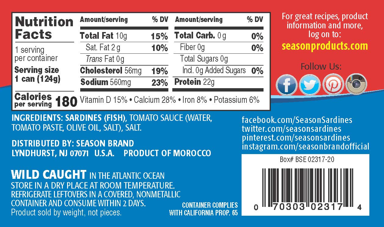 Season Sardines in Tomato Sauce - Wild Caught, 22g of Protein, Keto Snacks, More Omega 3's Than Tuna, Kosher, High in Calcium, Canned Sardines - 4.37 Oz Tins, 12-Pack