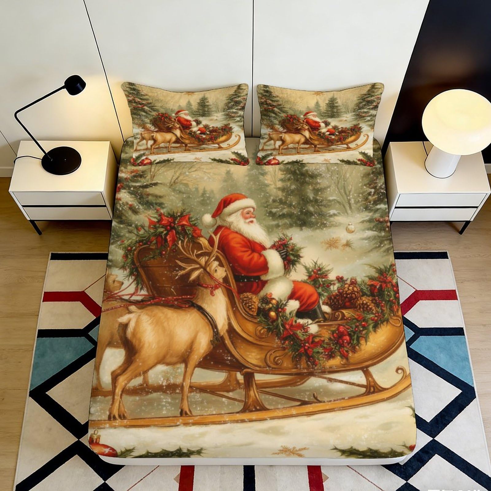 3D Printed Santa Sleigh Fitted Sheet Microfiber Christmas Reindeer Bed Cover for Bedroom Guest Room Anti-Slip Washable 180x200x25cm