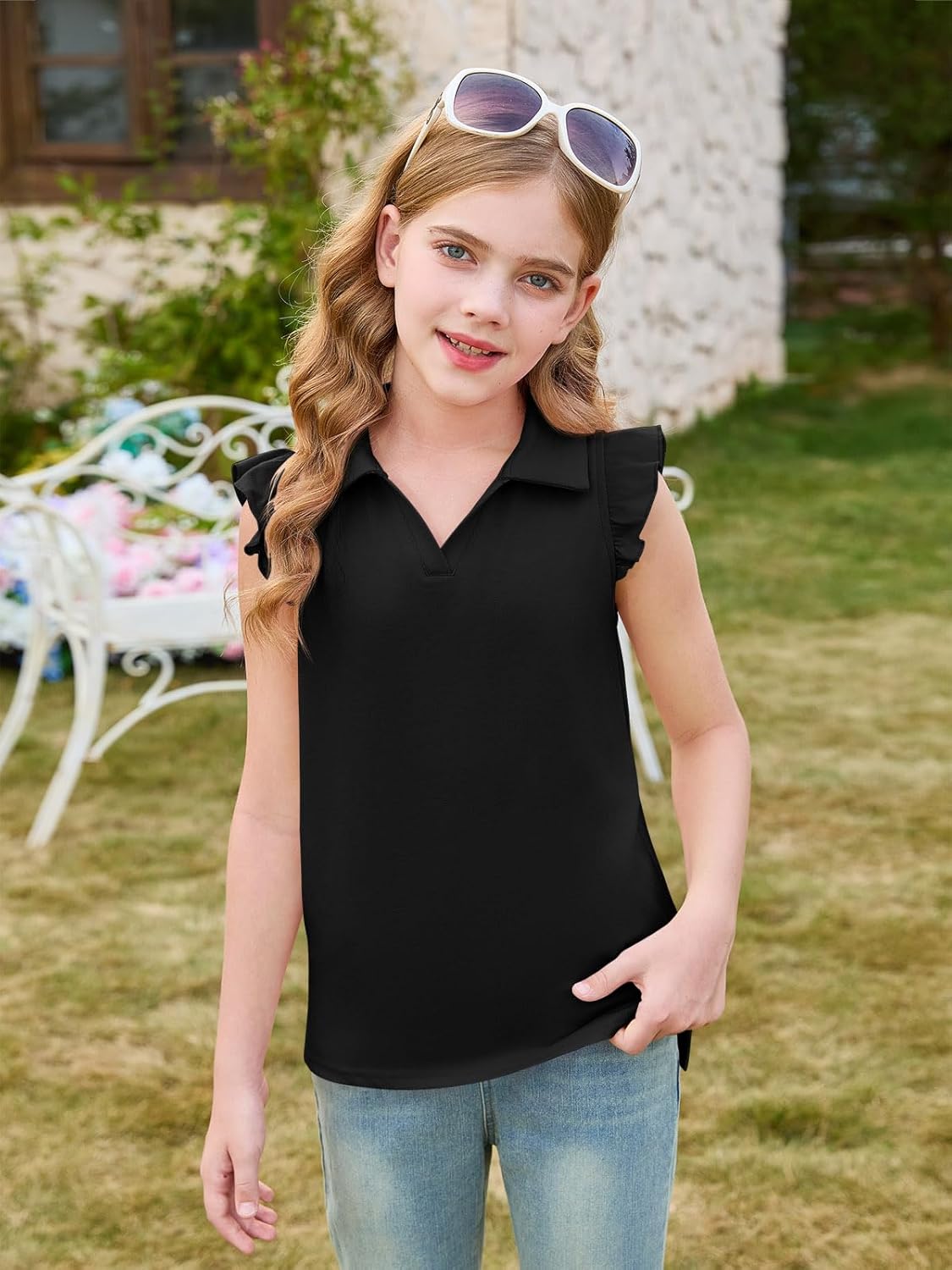 Haloumoning Girls Ruffle Short Sleeve Polo Shirt Kids V-Neck Golf Tennis Shirts Tops School Uniform Tees 5-14 Years - Image 2