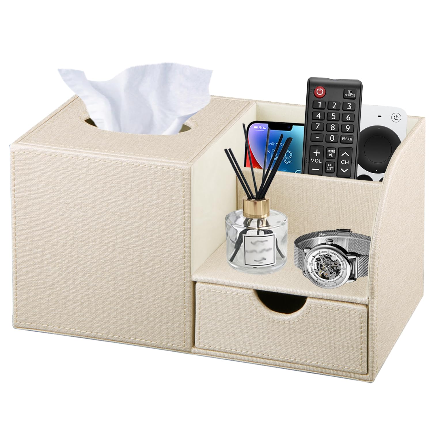 - Nightstand Organizer with Tissue Holder,PU Leather Square Tissue Box Cover,Modern Facial Paper Organizer Storage Box for Remote Control,Bathroom,Vanity Countertop,End Table Home Office.Beige