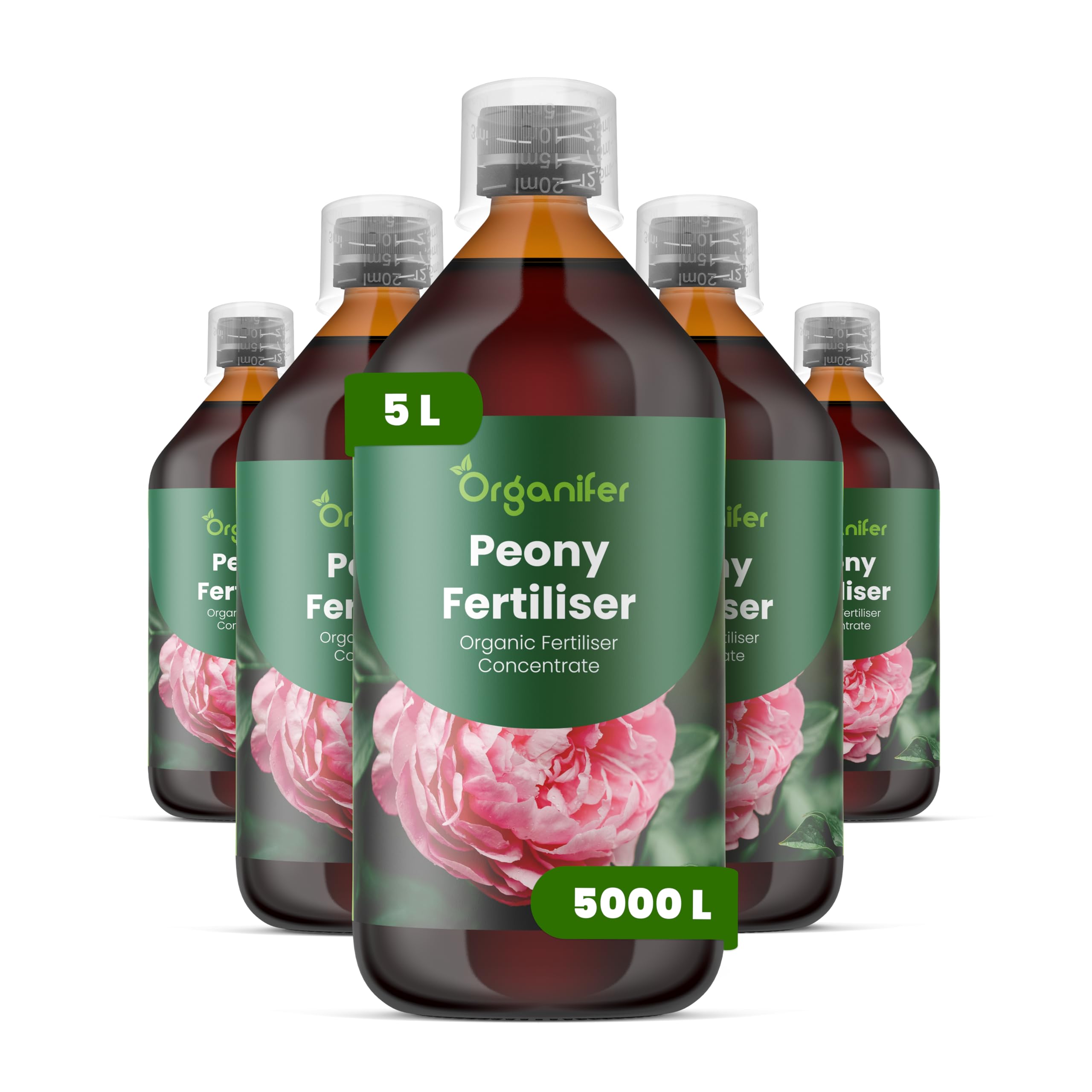 Fertilizzante Liquido Per Peonie - 5x1L - NPK 2-1-8 | Concime Per Fiori Grandi E Colorati - Rafforza Radici E Crescita - Organifer