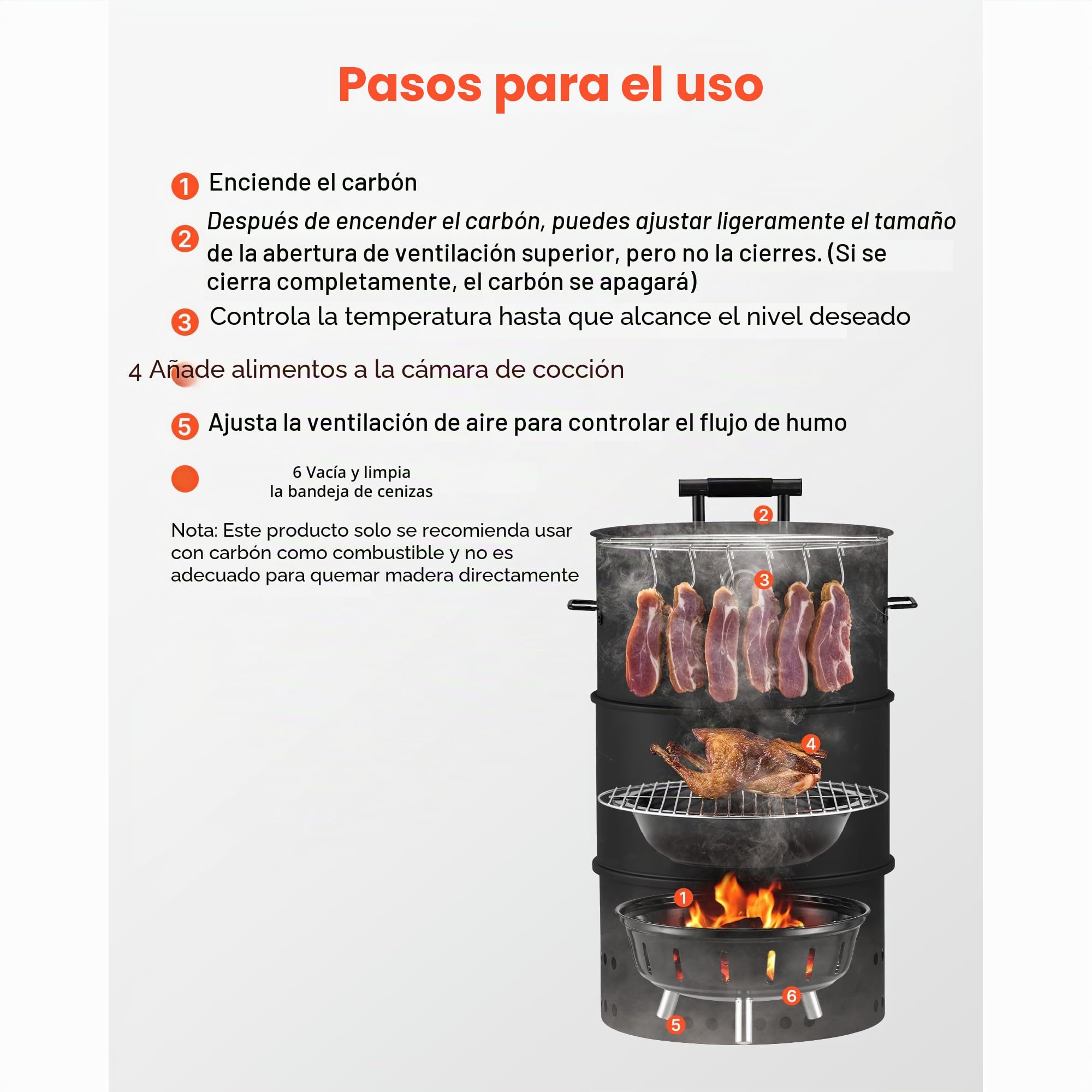 VEVOR Ahumador de Carbón, con Revestimiento de Acero, 2 Parrillas de Cocción, Barra para Colgar, 6 Ganchos, Termómetro, Ideal para Fiestas y Asados, Patio, Jardín y Camping, 565 x 480 x 870 mm