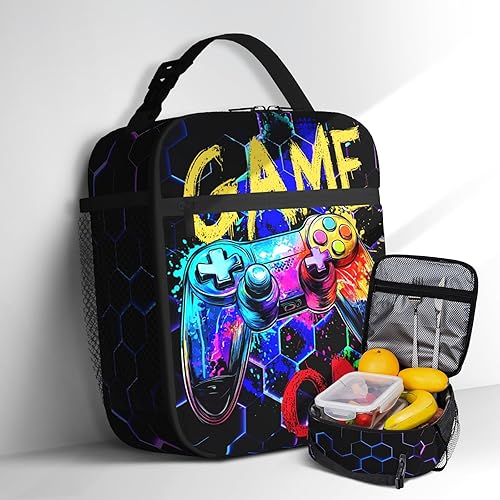 Bolsa de almuerzo para niños, lonchera de videojuegos colorida, contenedor de refrigerios reutilizable, aislado, bolsa portátil para niños, escuela,