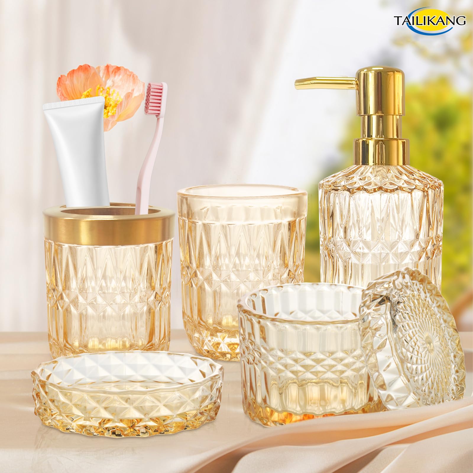 Set di accessori da bagno in vetro dorato, set completo di 5 accessori da bagno, decorazione moderna per il bagno con dispenser di sapone, piatto, portaspazzolino, bicchiere, bastoncini di cotone