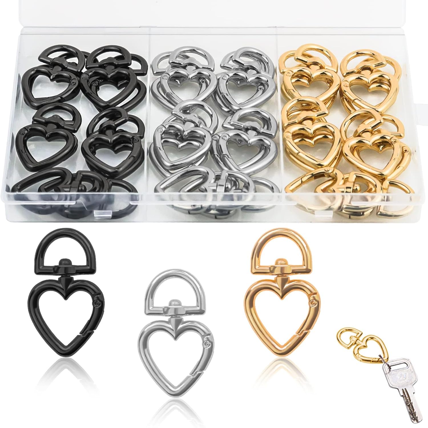 30 Pezzi Portachiavi A Forma Di Cuore In Metallo, Moschettoni Piccoli Con Anello Girevole 360° Per Chiavi, Borsa, Fai Da Te - Argento - 2