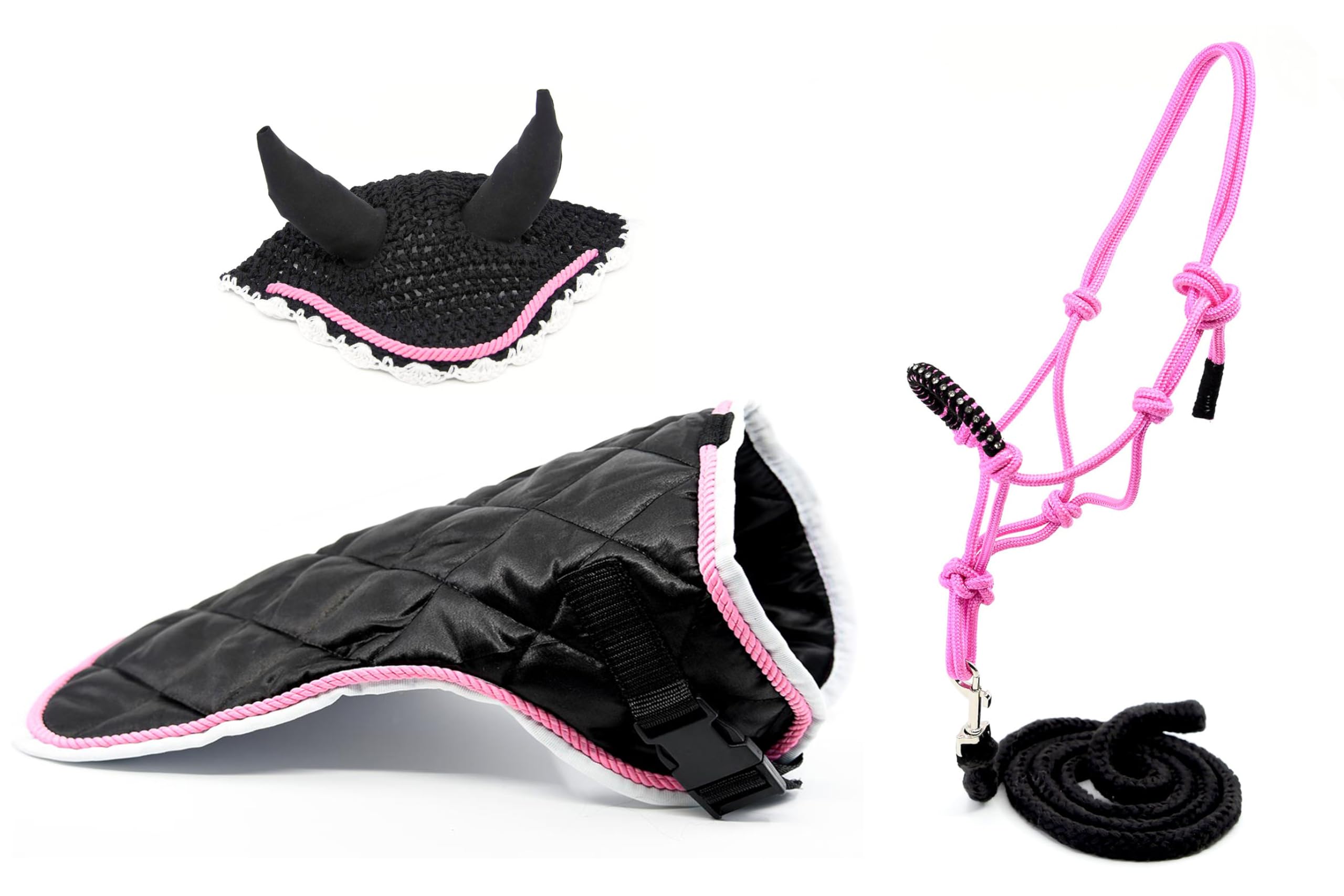 Ethologischer Halfter mit Kordel + Decke + Fliegenhaube für Hobby Horse, Schwarz und Rosa