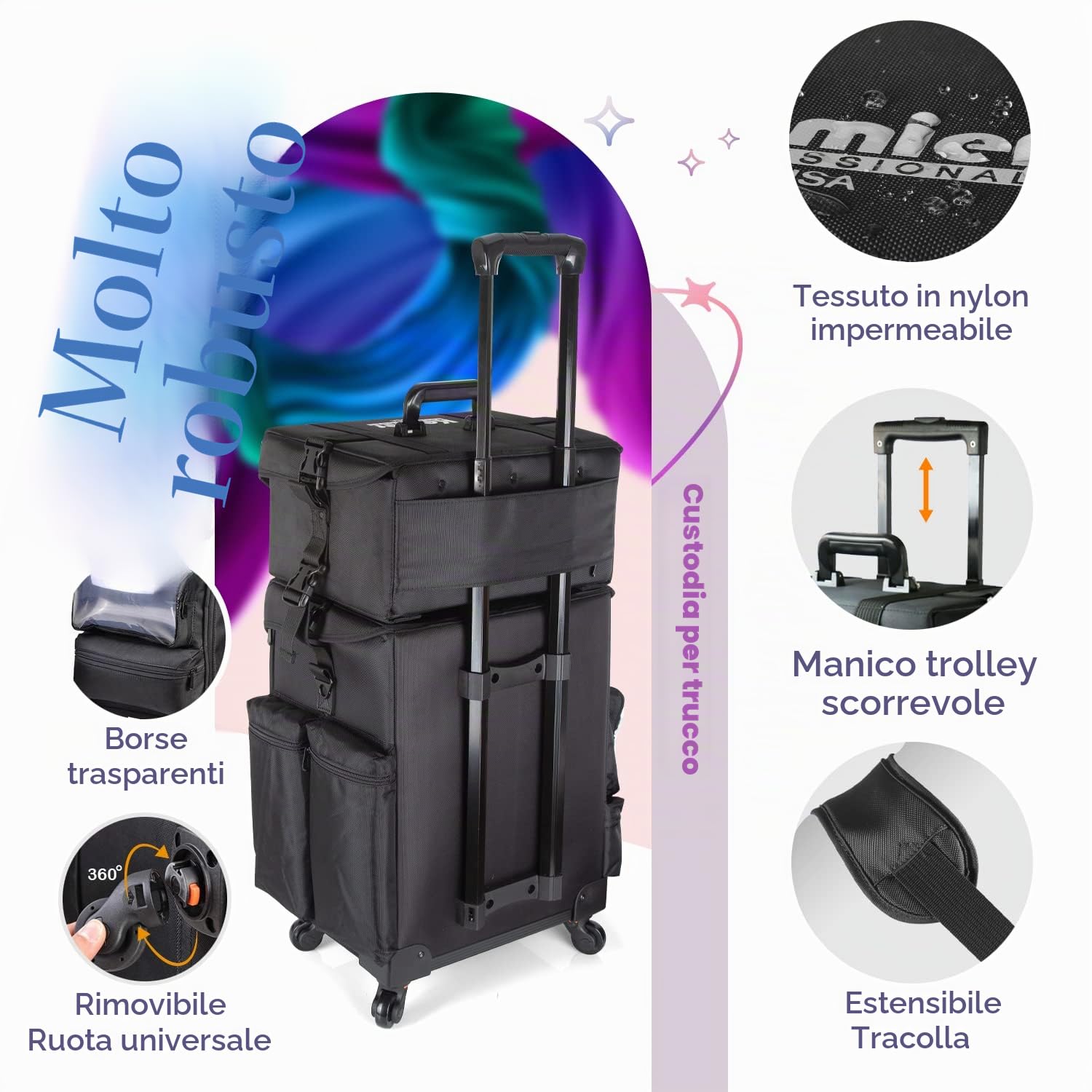 Valigetta per il trucco con ruote omnidirezionali 2 in 1 con lato morbido professionale, valigetta per il trucco con ruote, organizer per cosmetici con cassetti,Nero