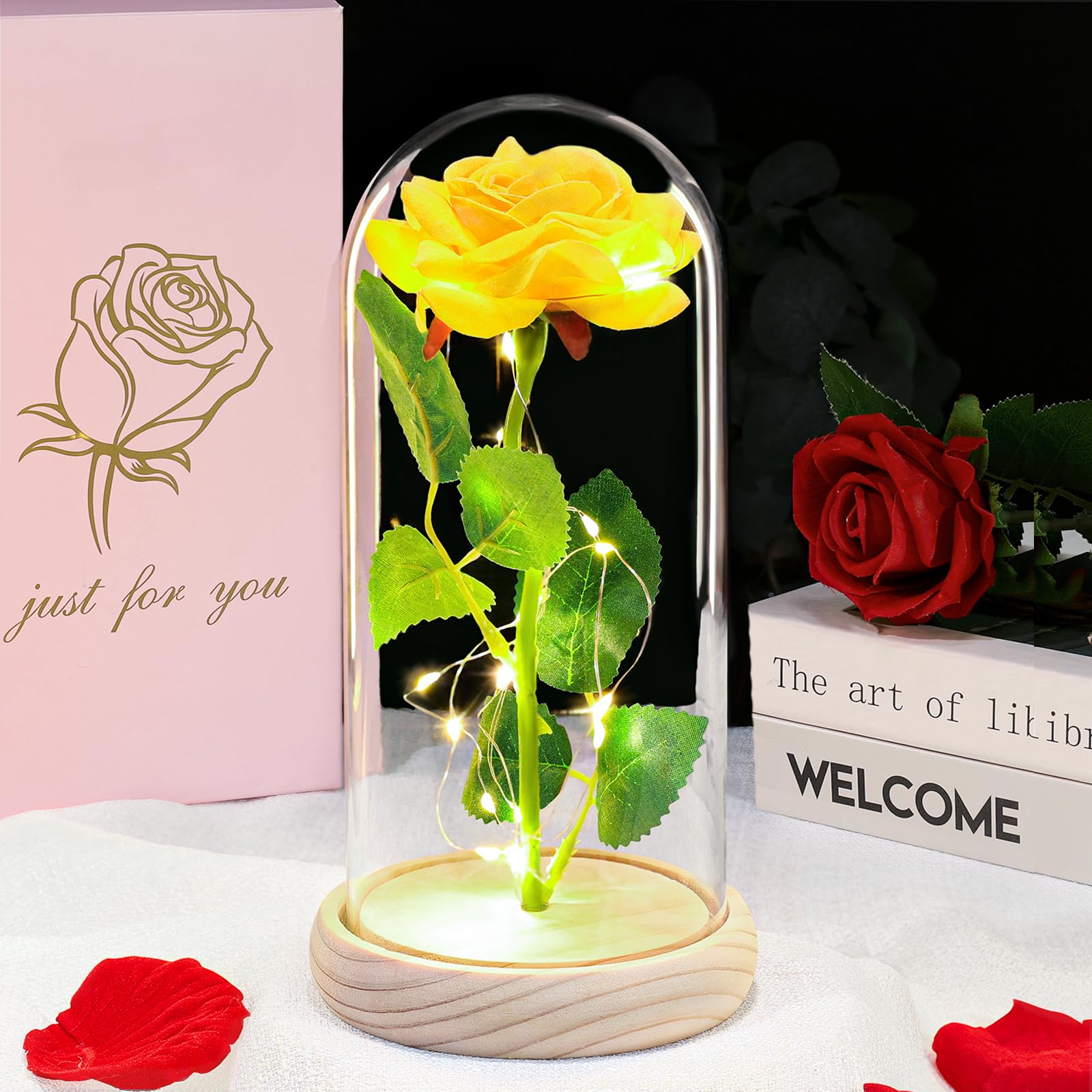 Deemei Women's Yellow Mothers Day Rose Gifts For Mum, Mother's Day Eternal Rose Flower Birthday Gifts For Mum Wife Girlfriend Galaxy Crystal Rose Light Up Flower In Glass Dome For Mothersday Anniversary Presents
