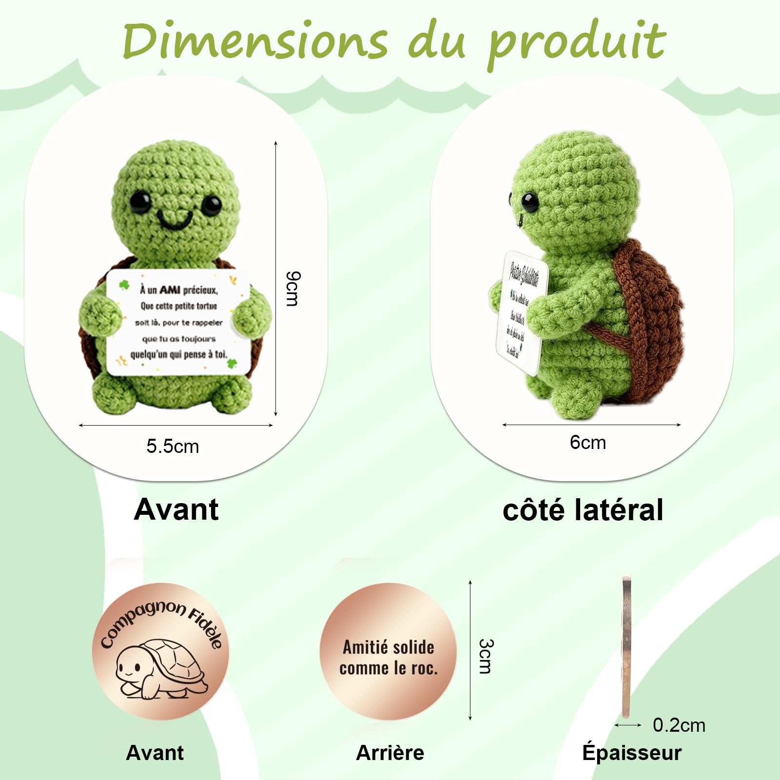 Cadeau Meilleure Amie : Tortue Positive, Peluche Tortue Crochet et Porte-Clés avec Message d‘Amitié - Un Câlin de Poche et Idée Cadeau Amie Femme Amusant pour Anniversaire ou Noël - 3